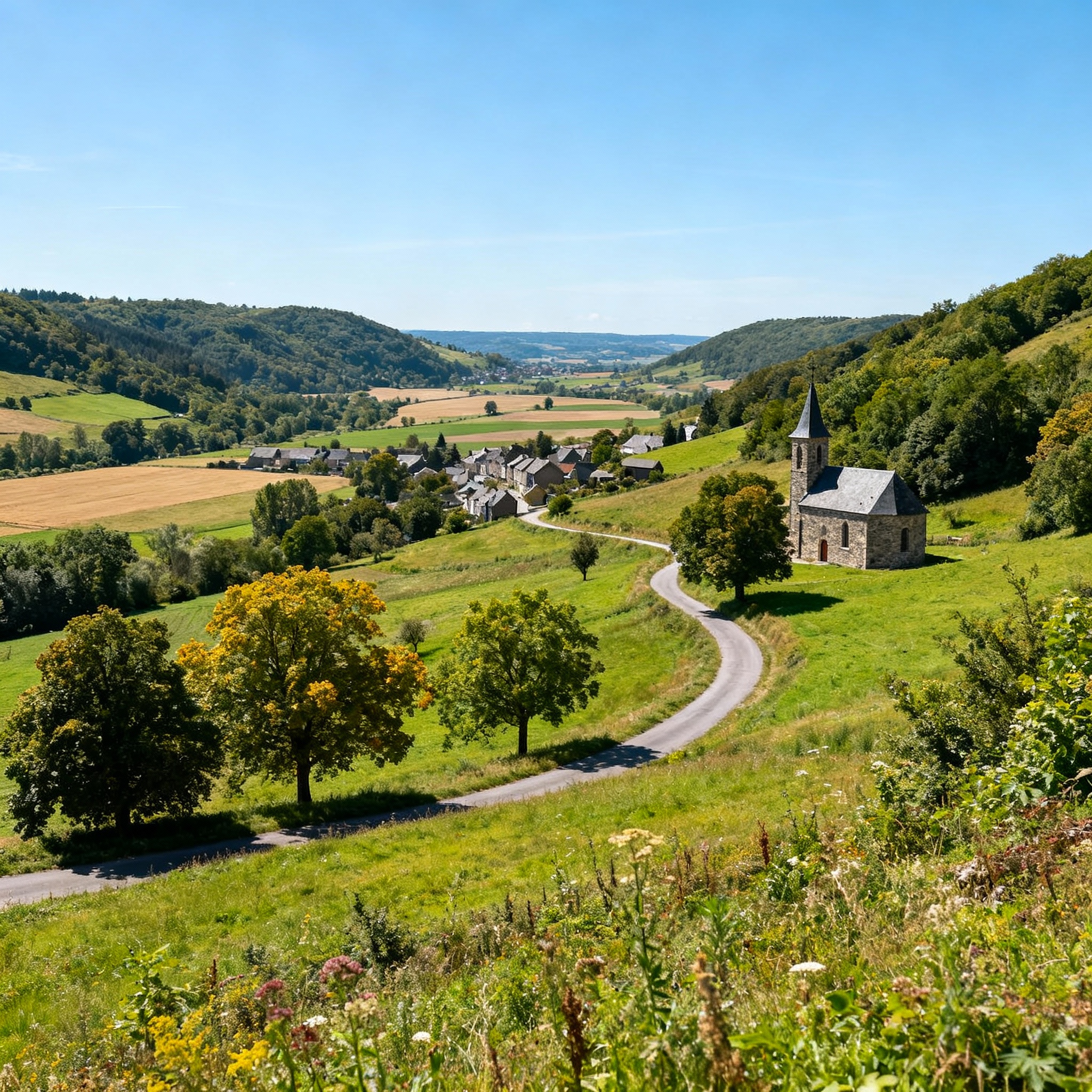 Paysage wallon en journée avec ciel bleu et verdure