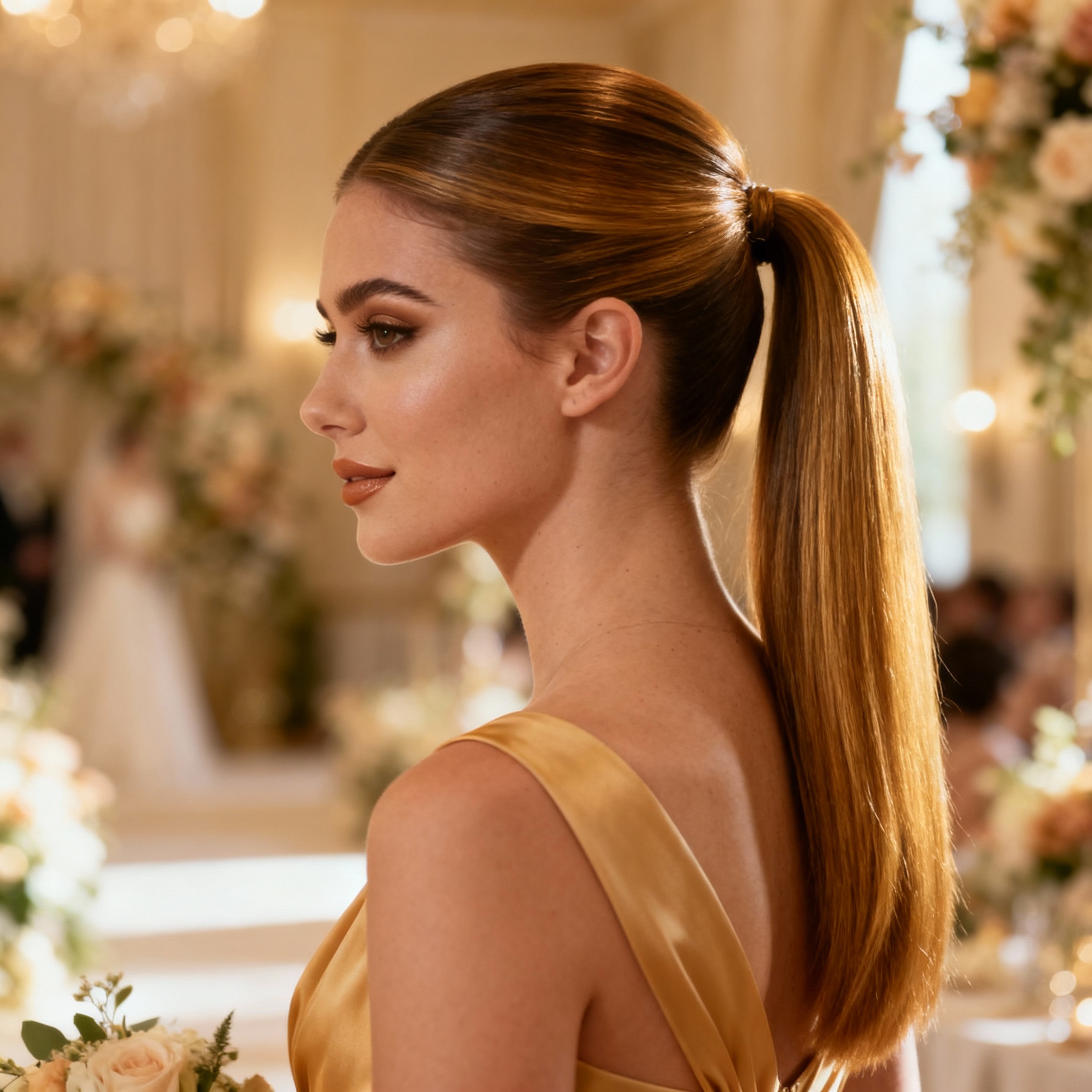 Bridesmaid with coordinated hairstyle, sleek ponytail, matching wedding party hair styling