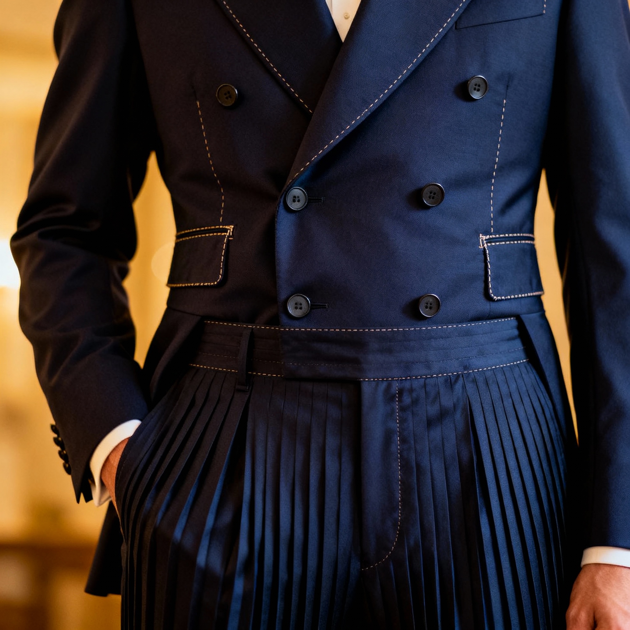 Groom in navy double-breasted suit with pleated trousers