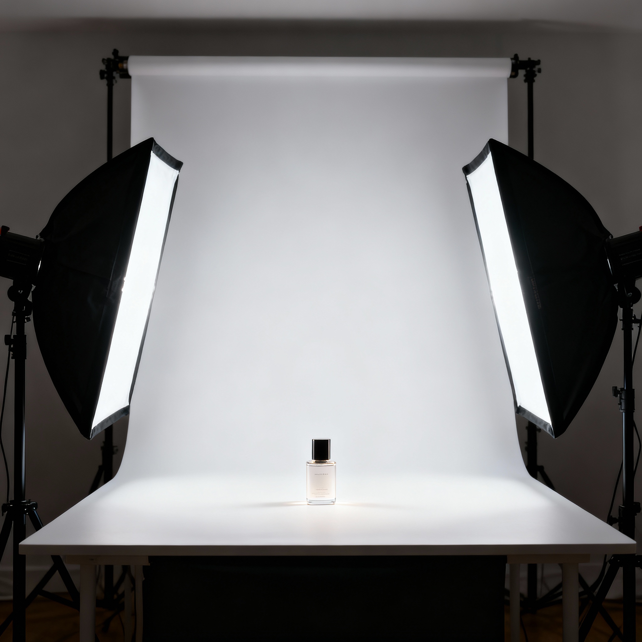 Sleek product photography setup with advanced lighting, focusing on a single product in a controlled studio environment.