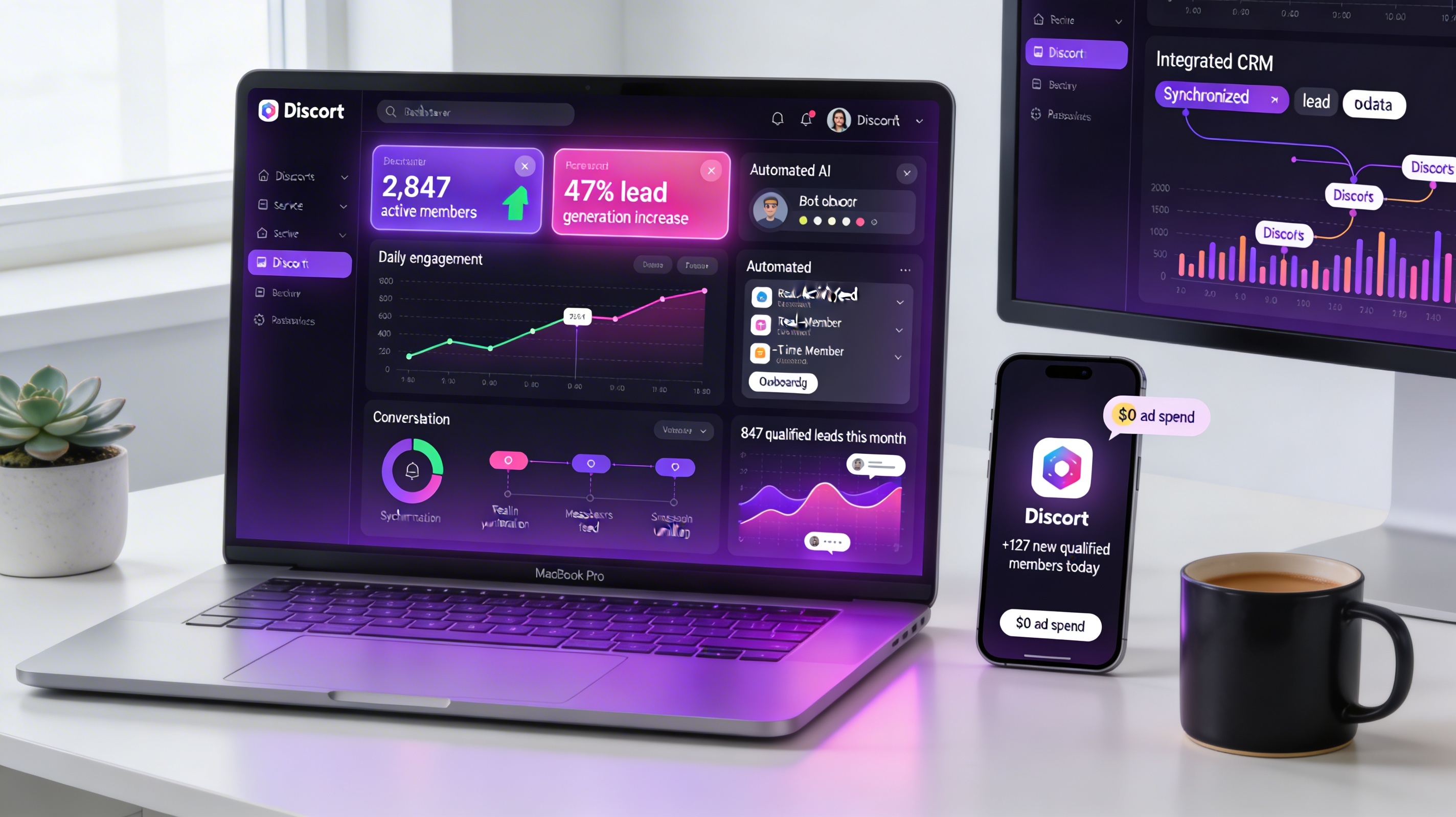 Photorealistic MacBook Pro displaying AI lead generation dashboard with purple and pink glowing interface showing 2,847 captured leads count increasing, 47% lead generation increase highlighted, daily scraping graph trending upward, automated AI tool activity feed, conversion funnel with 847 qualified prospects, integrated CRM sync