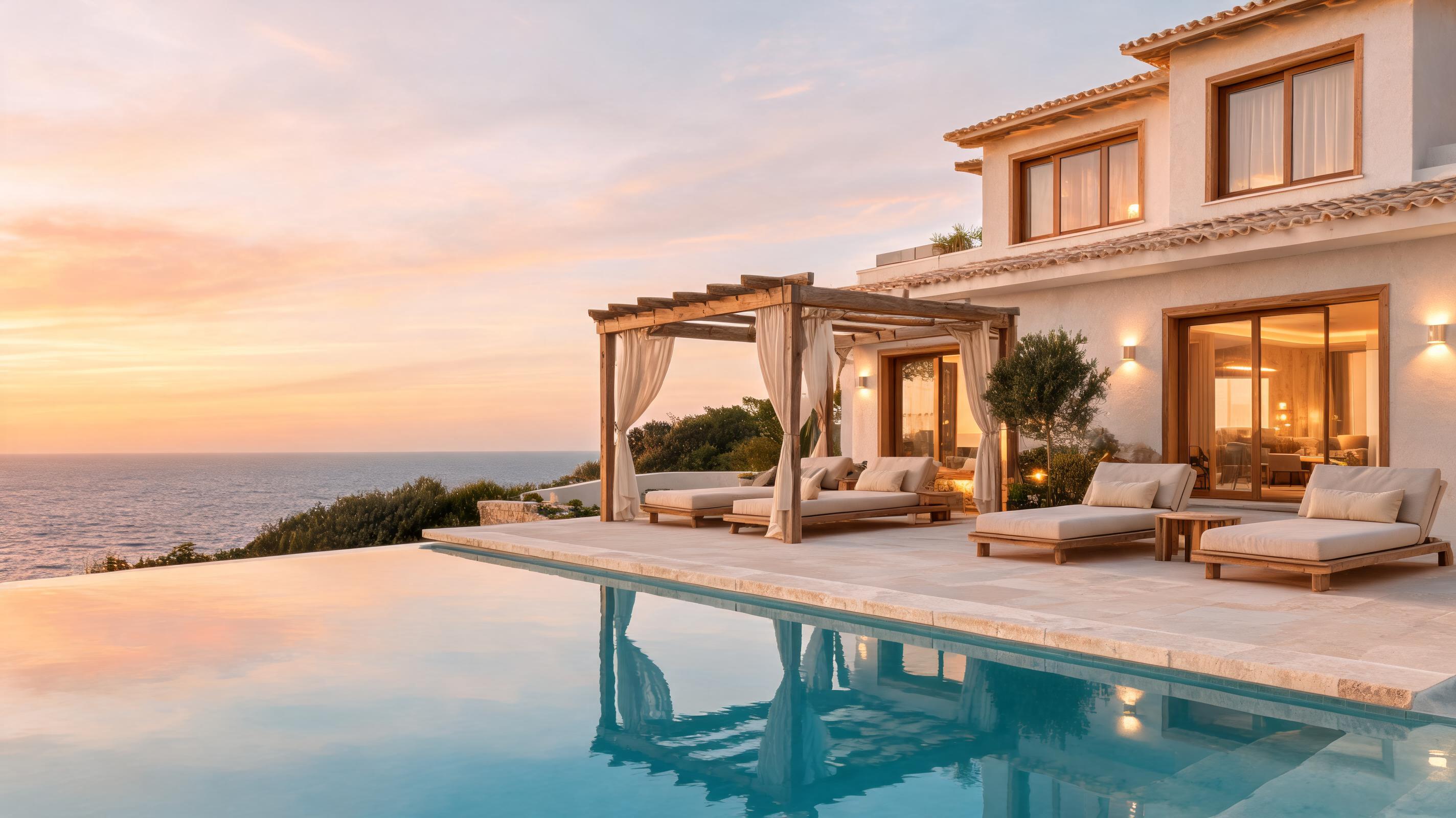 Mediterranean house with a pool and sea view in Cyprus-style setting
