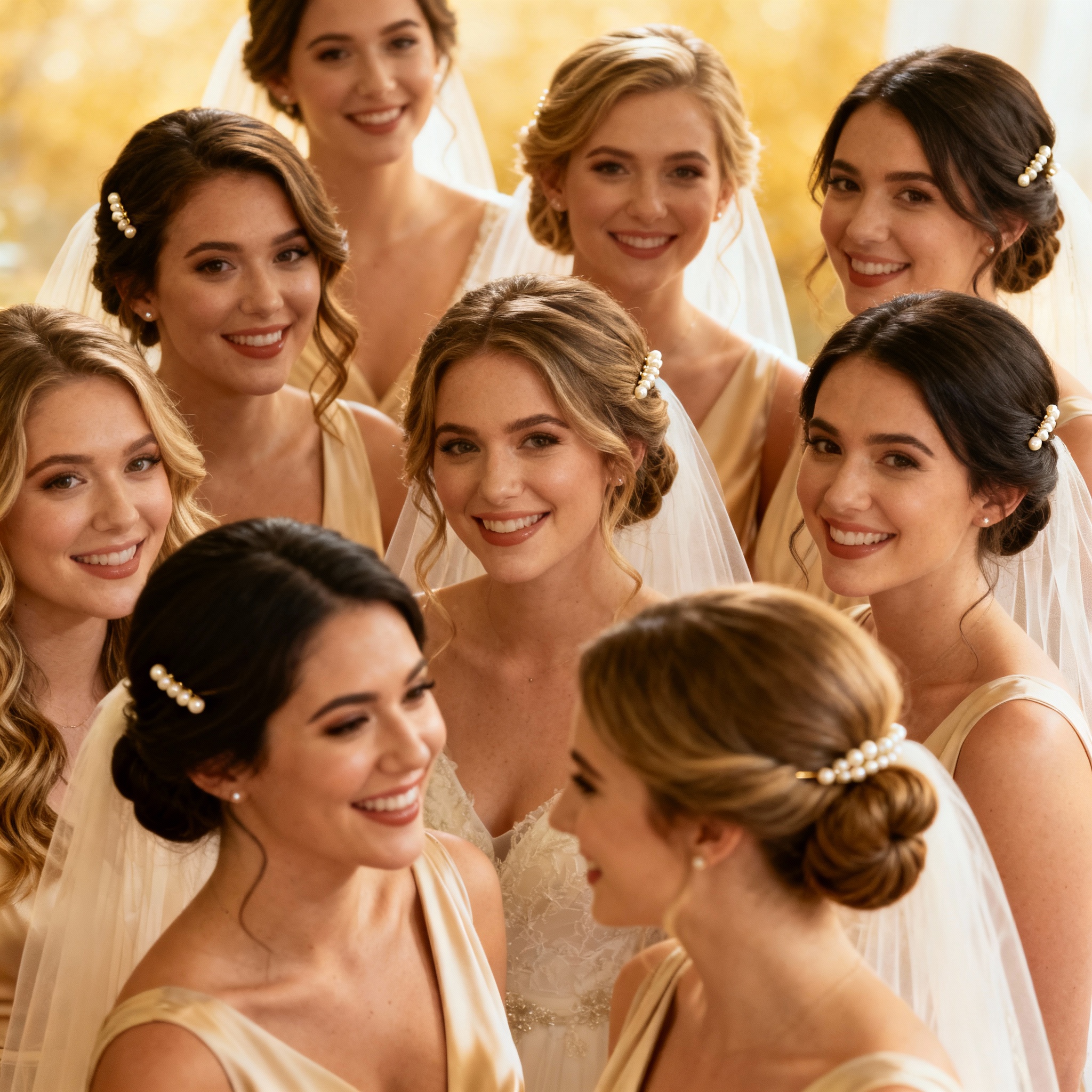 Bridal party with mixed hairstyles, some waves some buns, coordinated accessories, wedding group styling