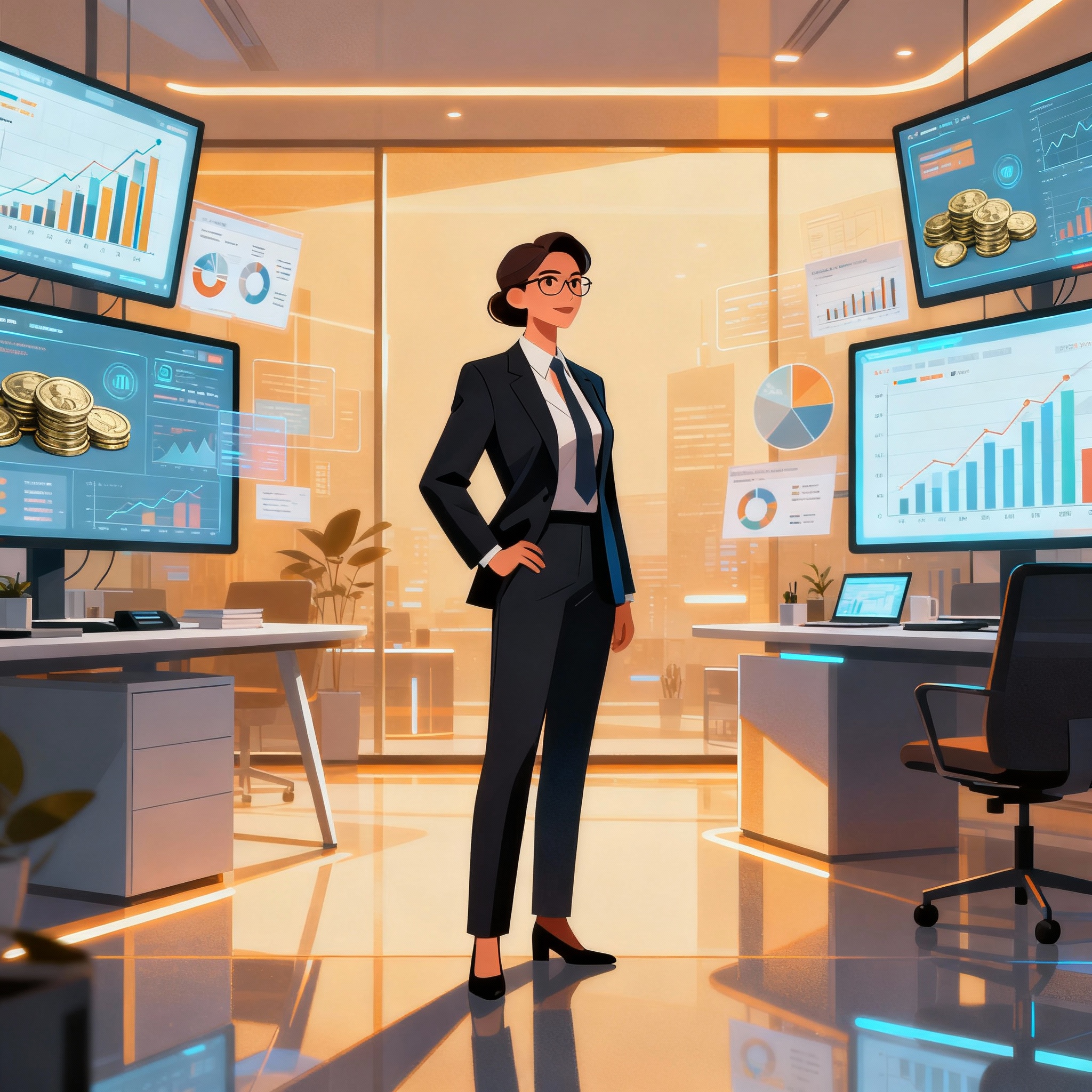 Confident CFO standing in a sleek office with financial charts and strategic plans displayed on screens.