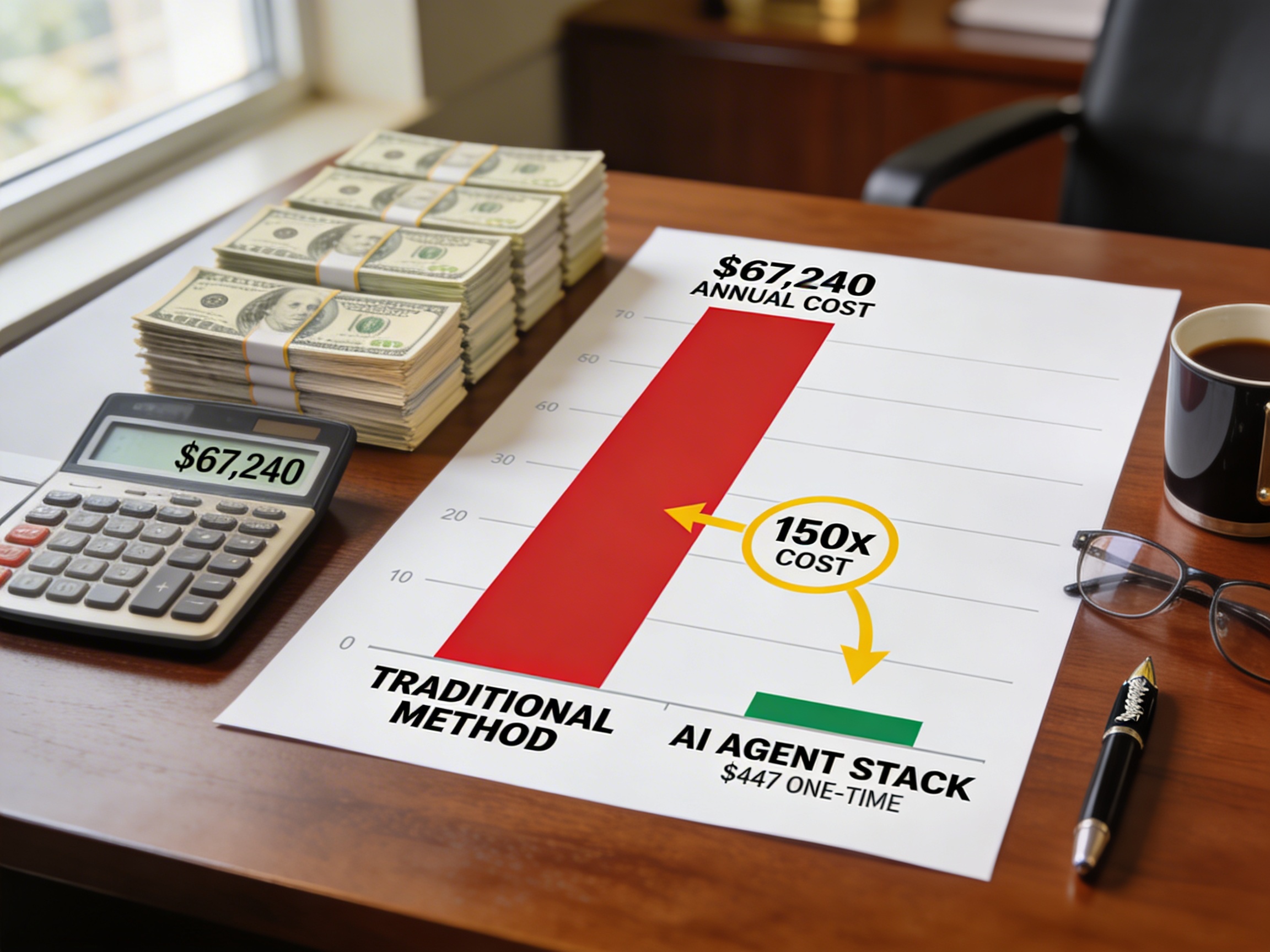 Photorealistic financial comparison bar graph on executive desk showing massive red column labeled Traditional Method at $67,240 annual cost versus tiny green column labeled AI Agent Stack at $447 one-time cost, surrounded by neat stacks of hundred dollar bills representing savings, calculator, pen, professional corporate office setting