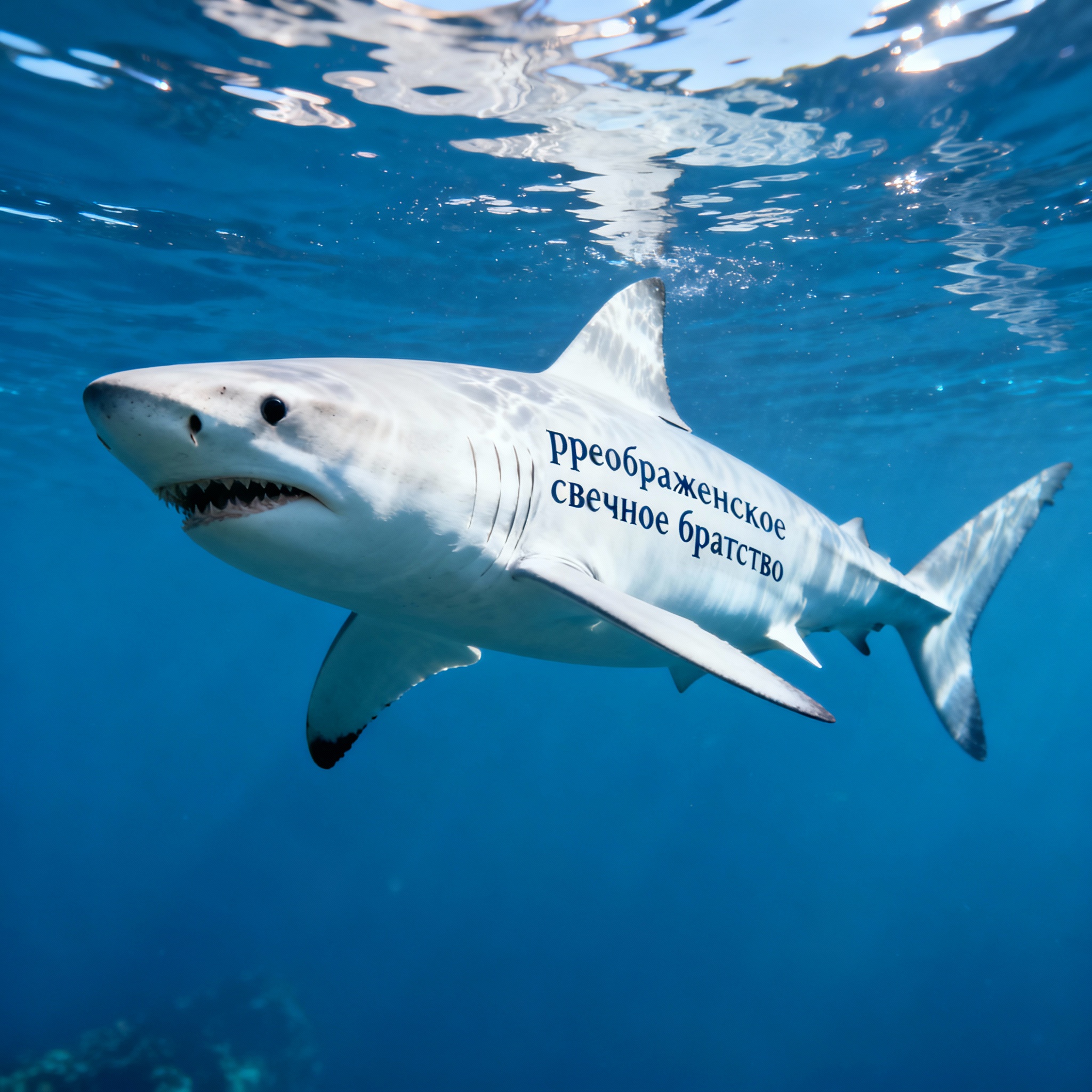 Realistic white shark underwater with inscription