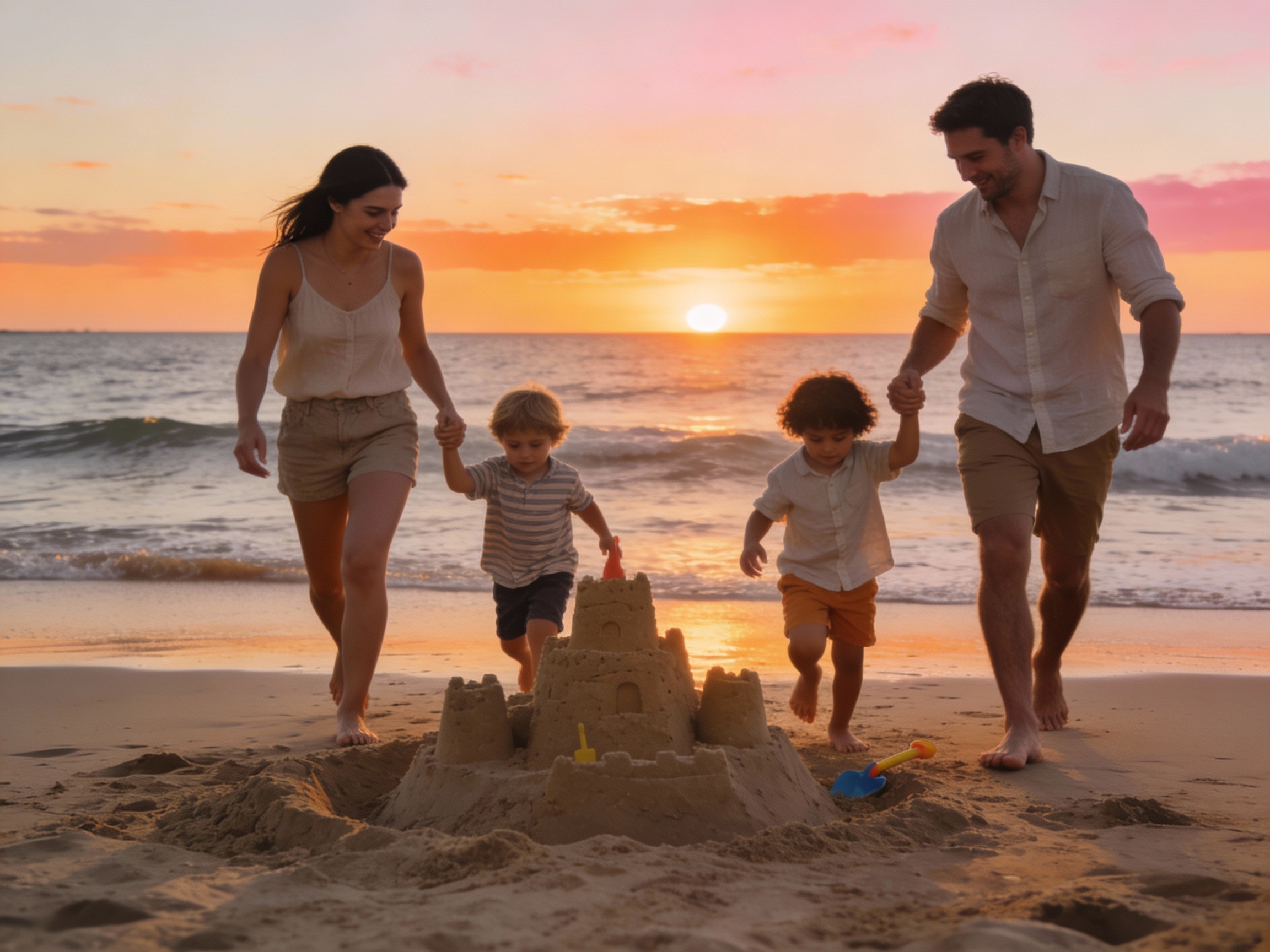 Familia disfrutando la playa de Punta del Este al atardecer