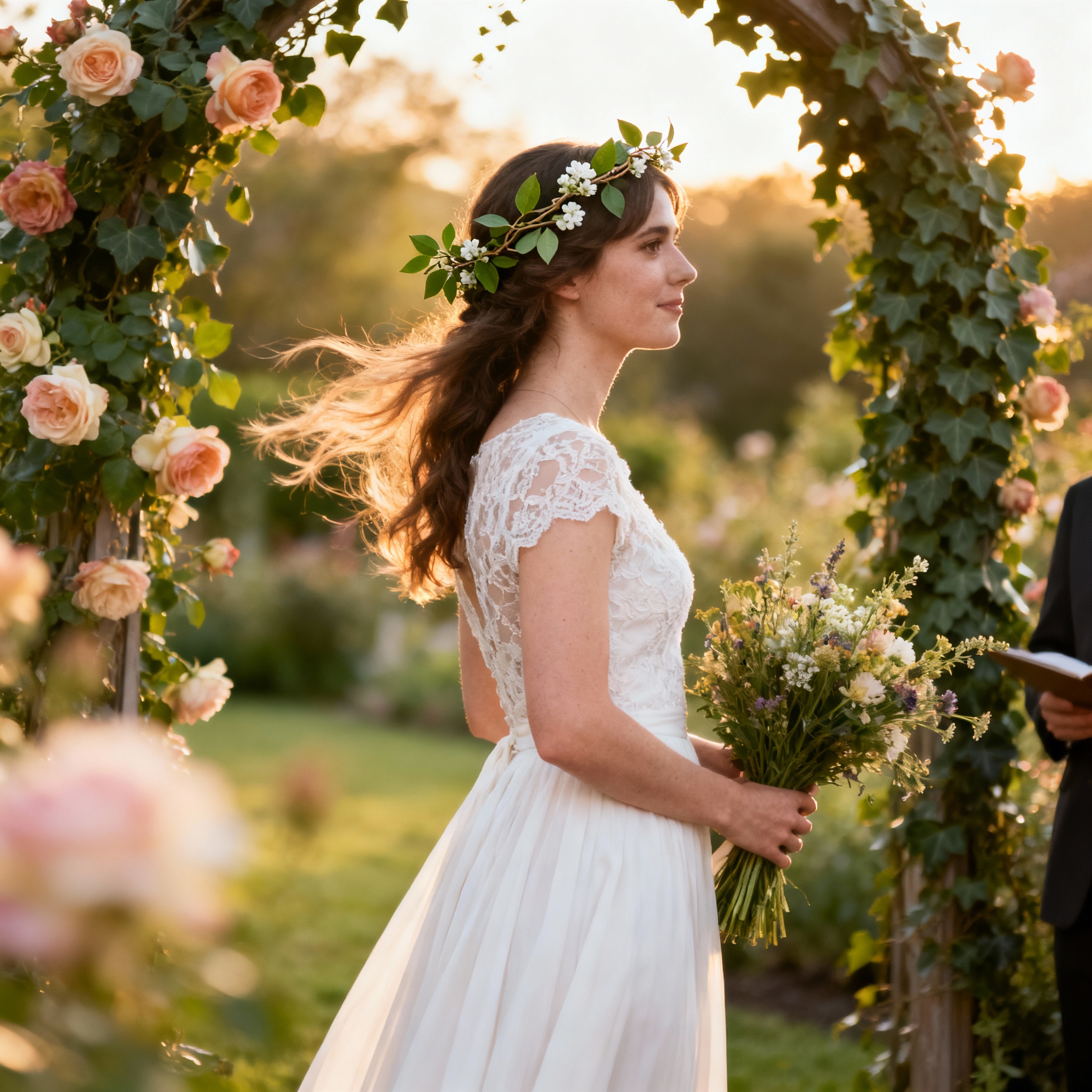 Bride wearing delicate botanical hair vine outdoor wedding ceremony
