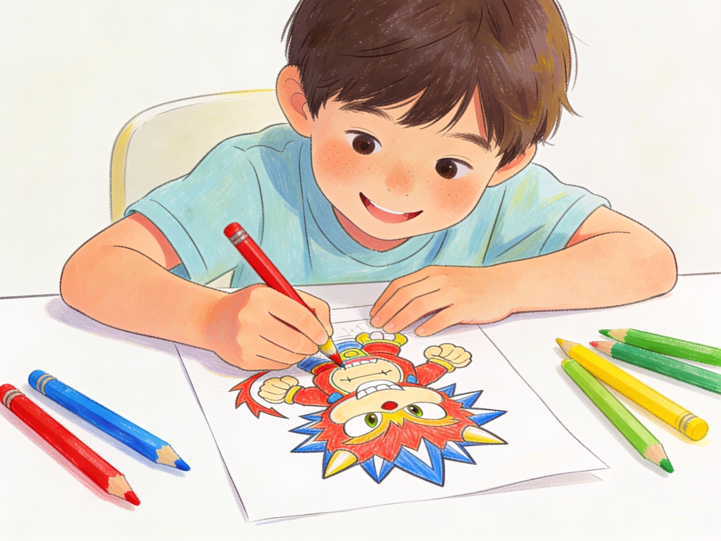 Konzentriertes Kind malt eine Brawl Stars Figur mit leuchtenden Buntstiften aus