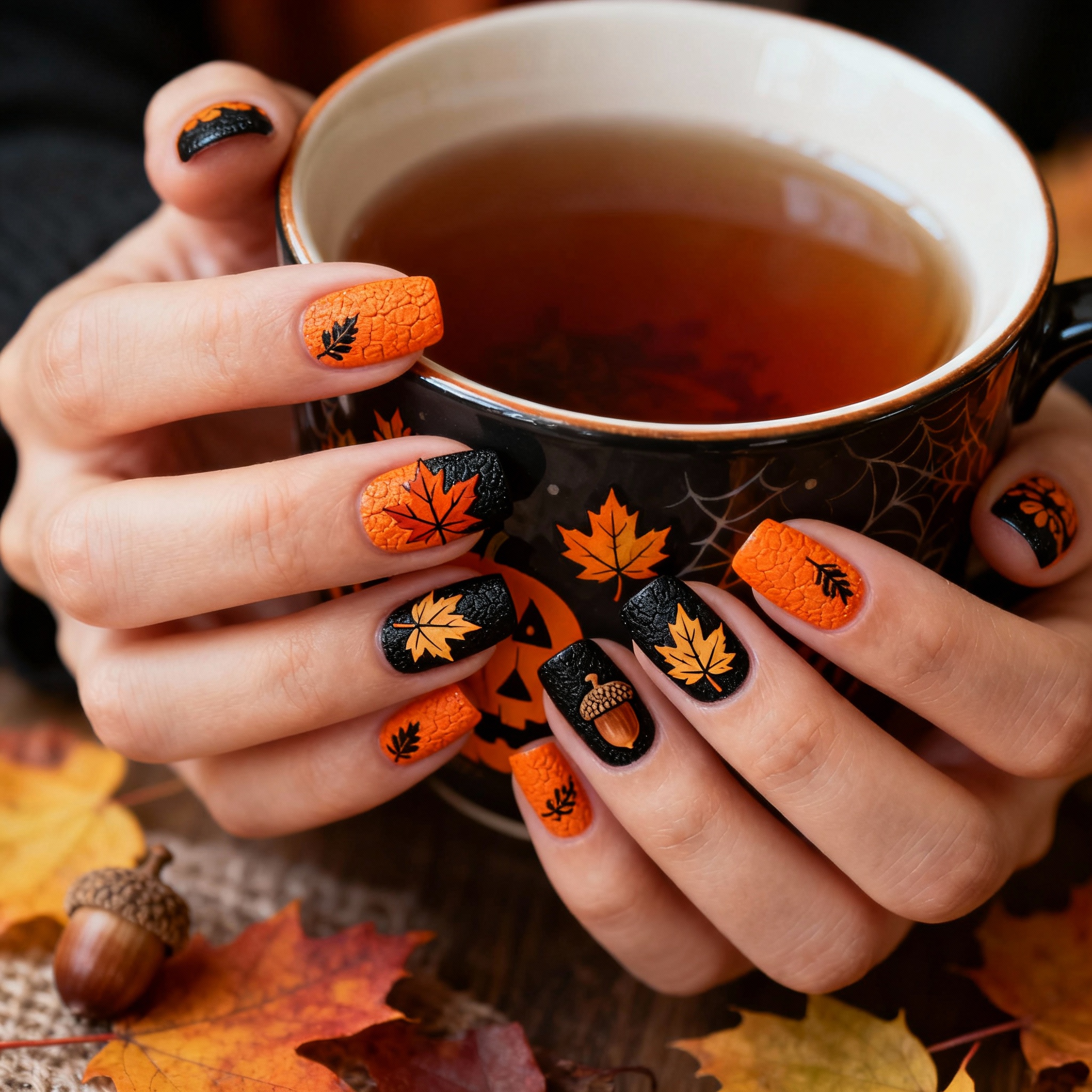 Pumpkin Halloween nail design in warm autumn setting