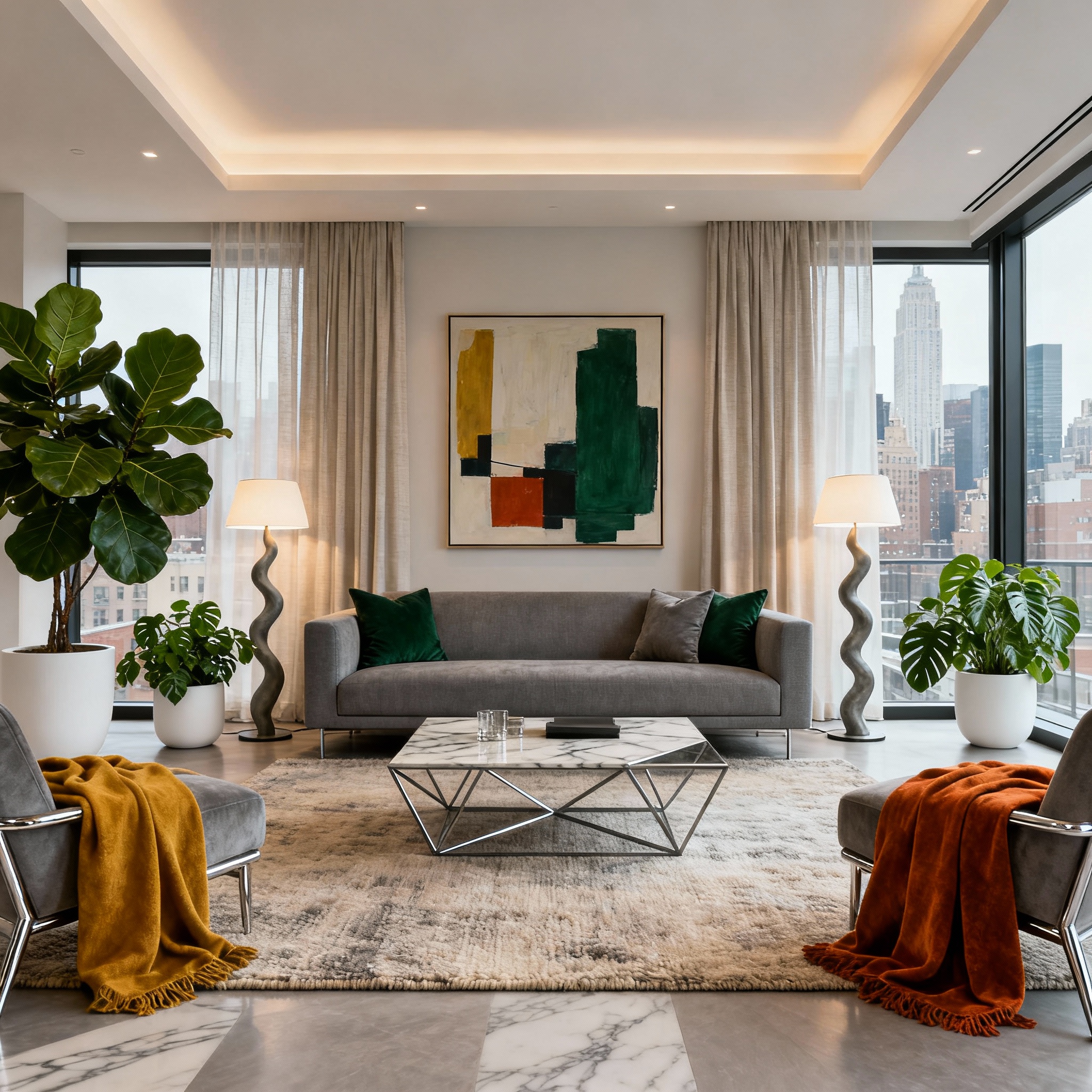 Modern apartment living room with stylish decor and plants