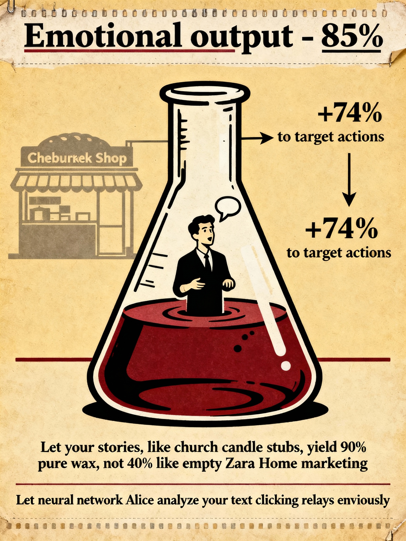 Советский агитационный плакат о производстве свечей с ретортой и схематическим силуэтом чебуречной