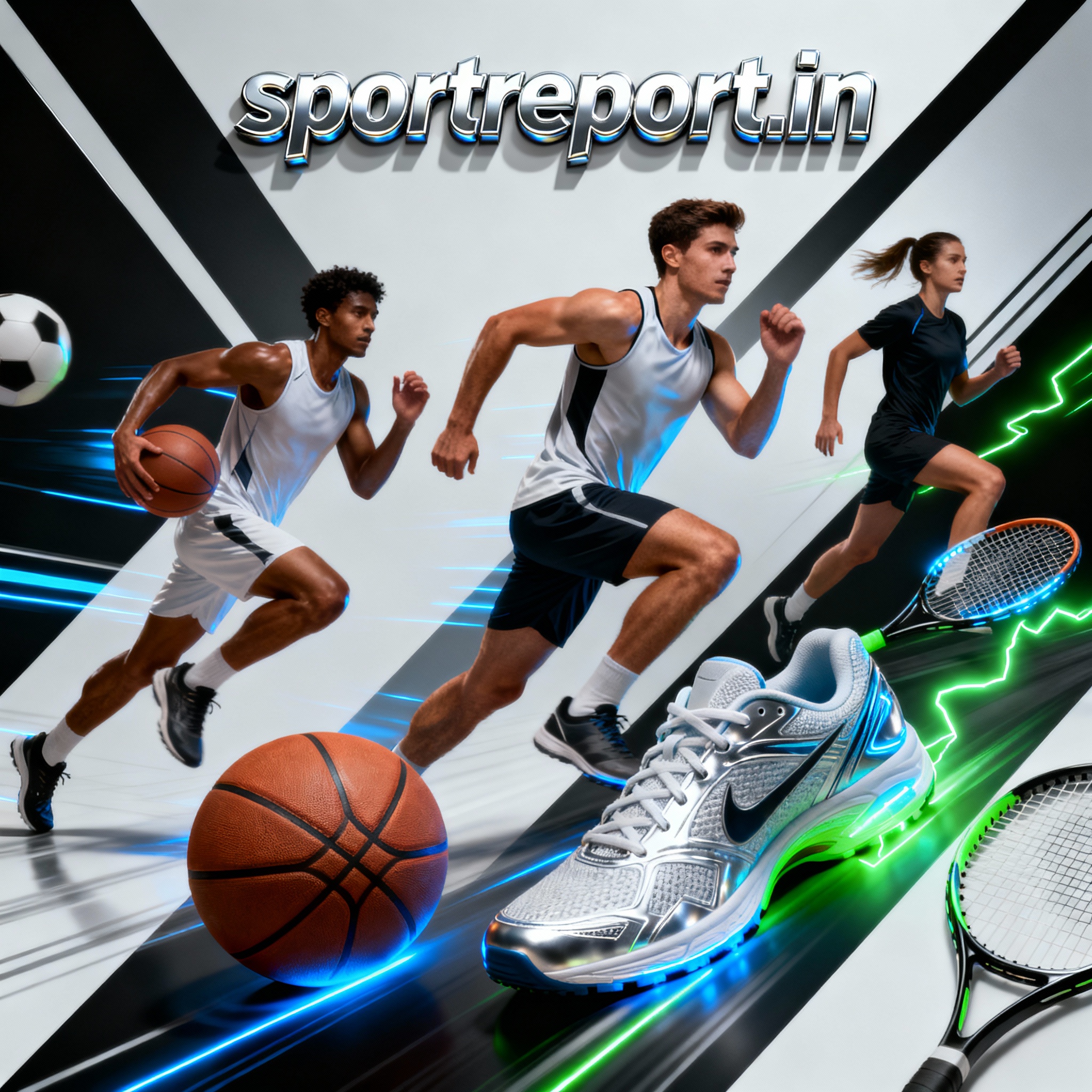 Modern dynamic sports poster for sportreport.in with metallic 3D font and lifelike athletes