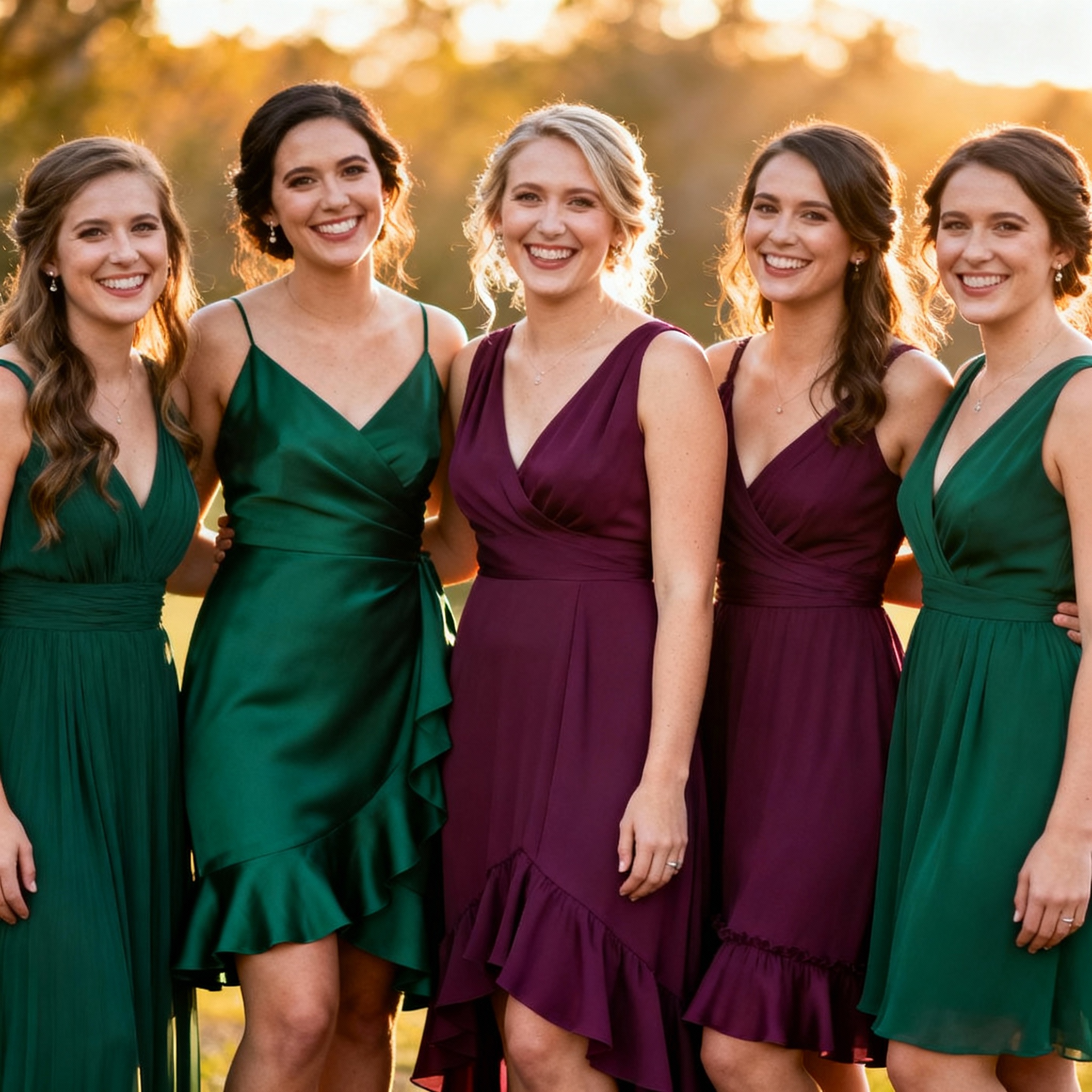 Bridesmaids in coordinated jewel-tone mix-and-match dresses for modern weddings