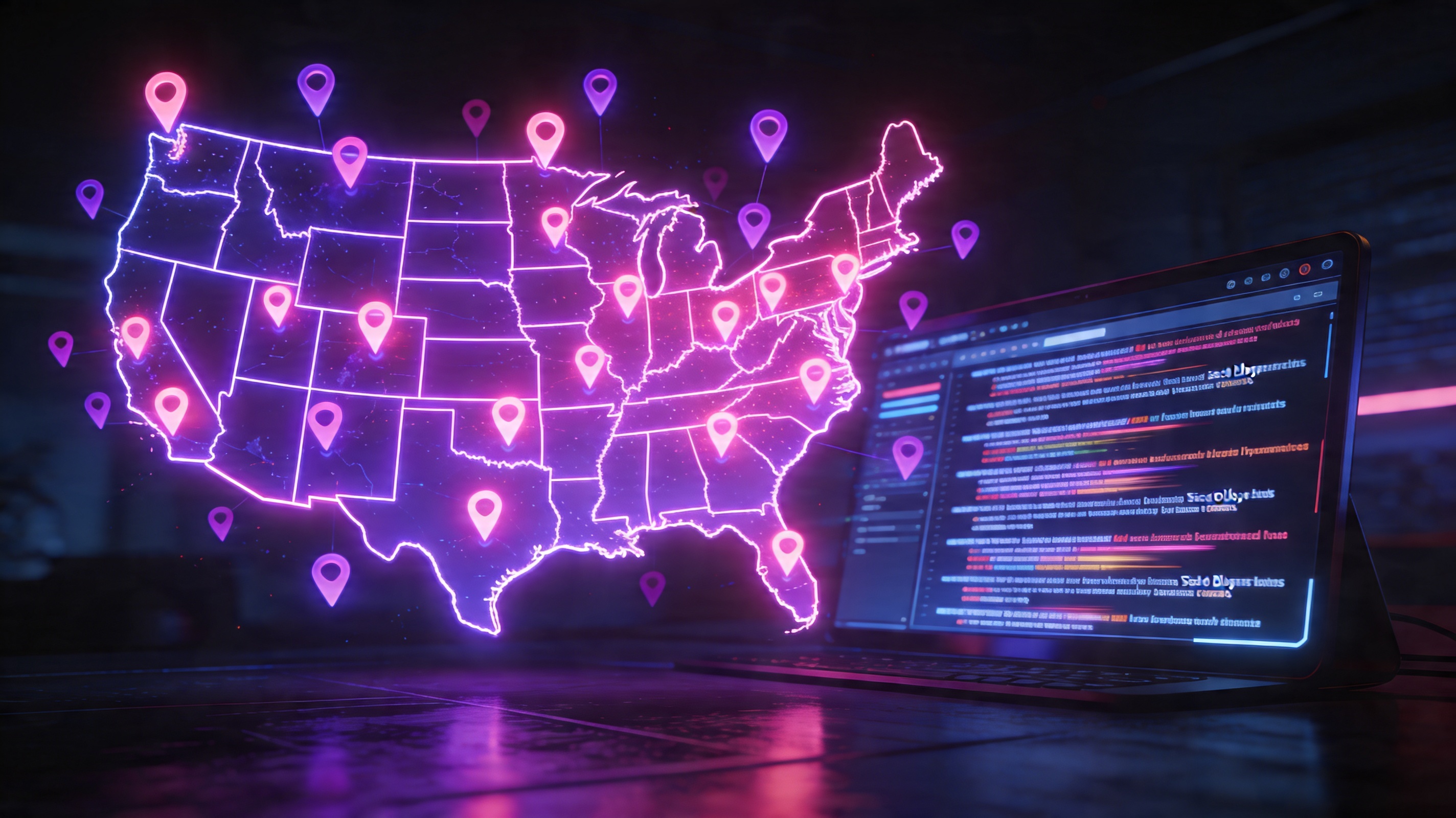 A futuristic, glowing map of the United States floating in a dark room. The map has hundreds of bright pink and purple location pins popping up simultaneously. Next to the map, a sleek, modern dashboard screen shows a rapid feed of SEO blog articles being generated and published automatically at lightning speed. Neon lighting, high-end tech aesthetic.