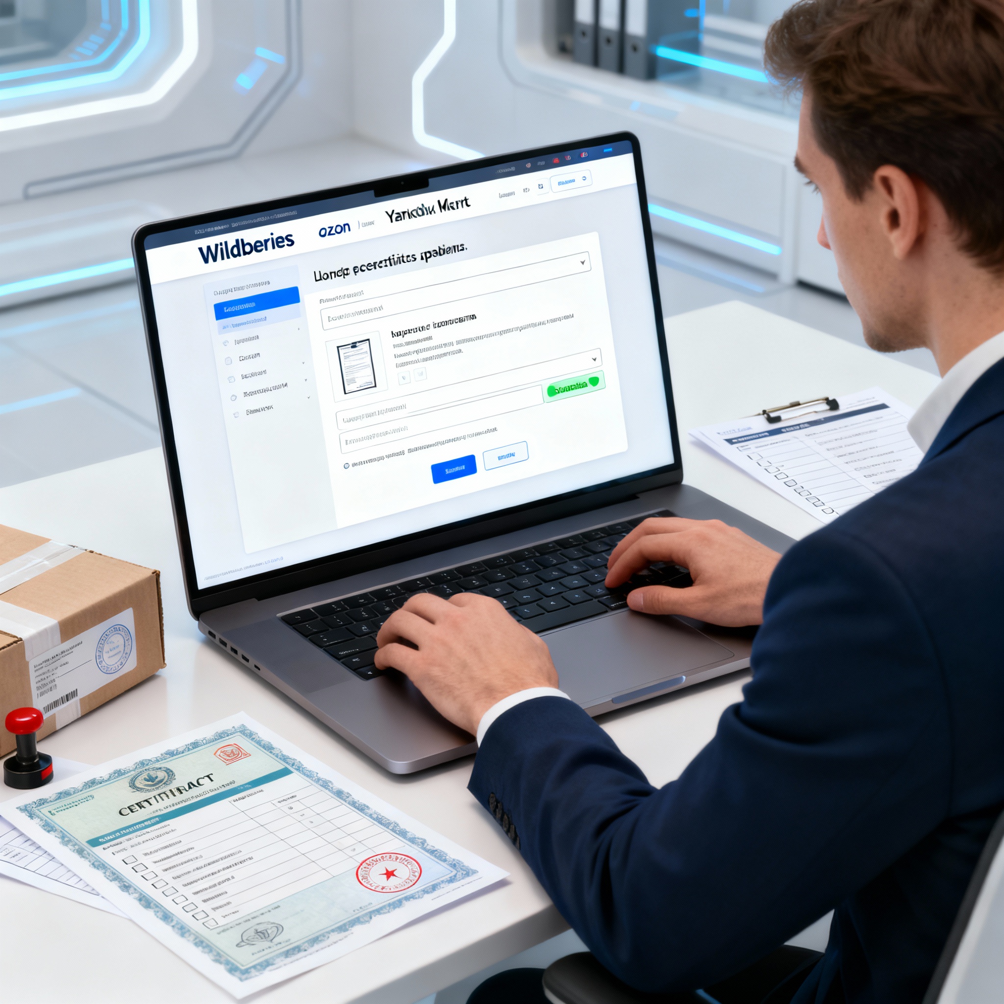 Менеджер маркетплейса загружает сертификаты и декларации для прохождения модерации и успешных продаж.