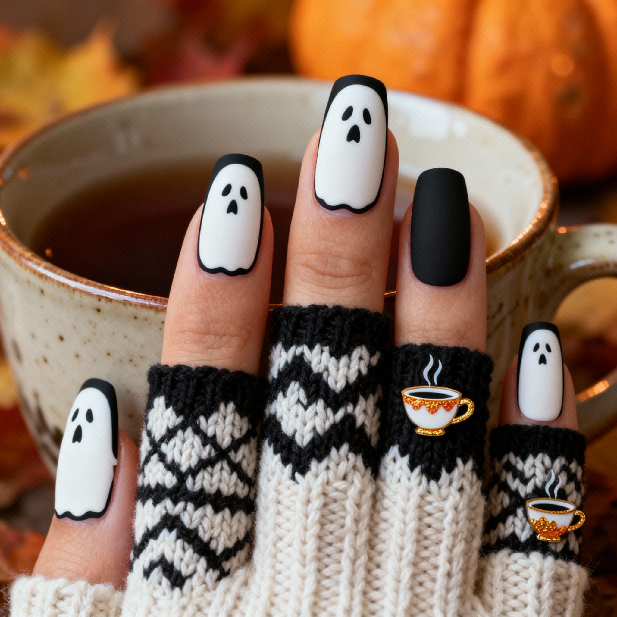Cute ghost Halloween nail design with cozy autumn styling