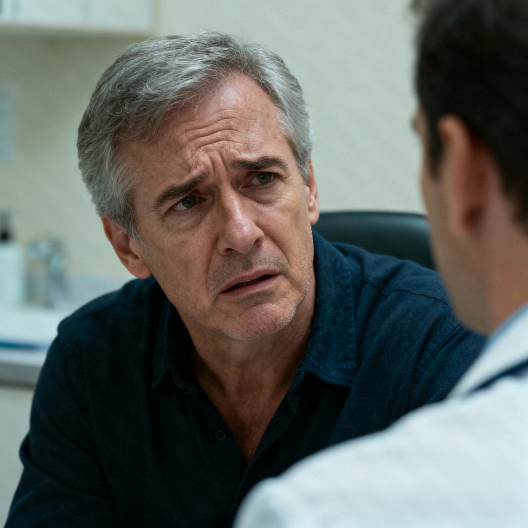 Calo di Testosterone Uomo maturo over 50 in consulto medico su campanelli d'allarme testosterone andropausa e complicanze cardiovascolari