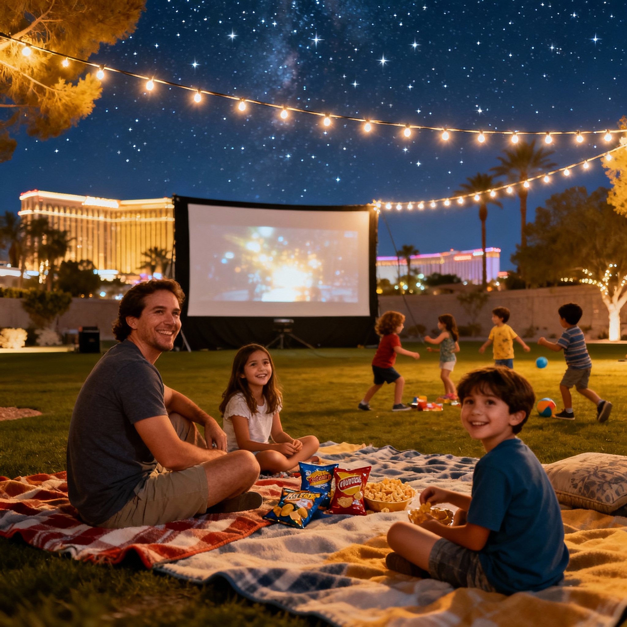 Outdoor movie night in Enterprise Nevada with families on blankets under the stars and drive-in theater screen