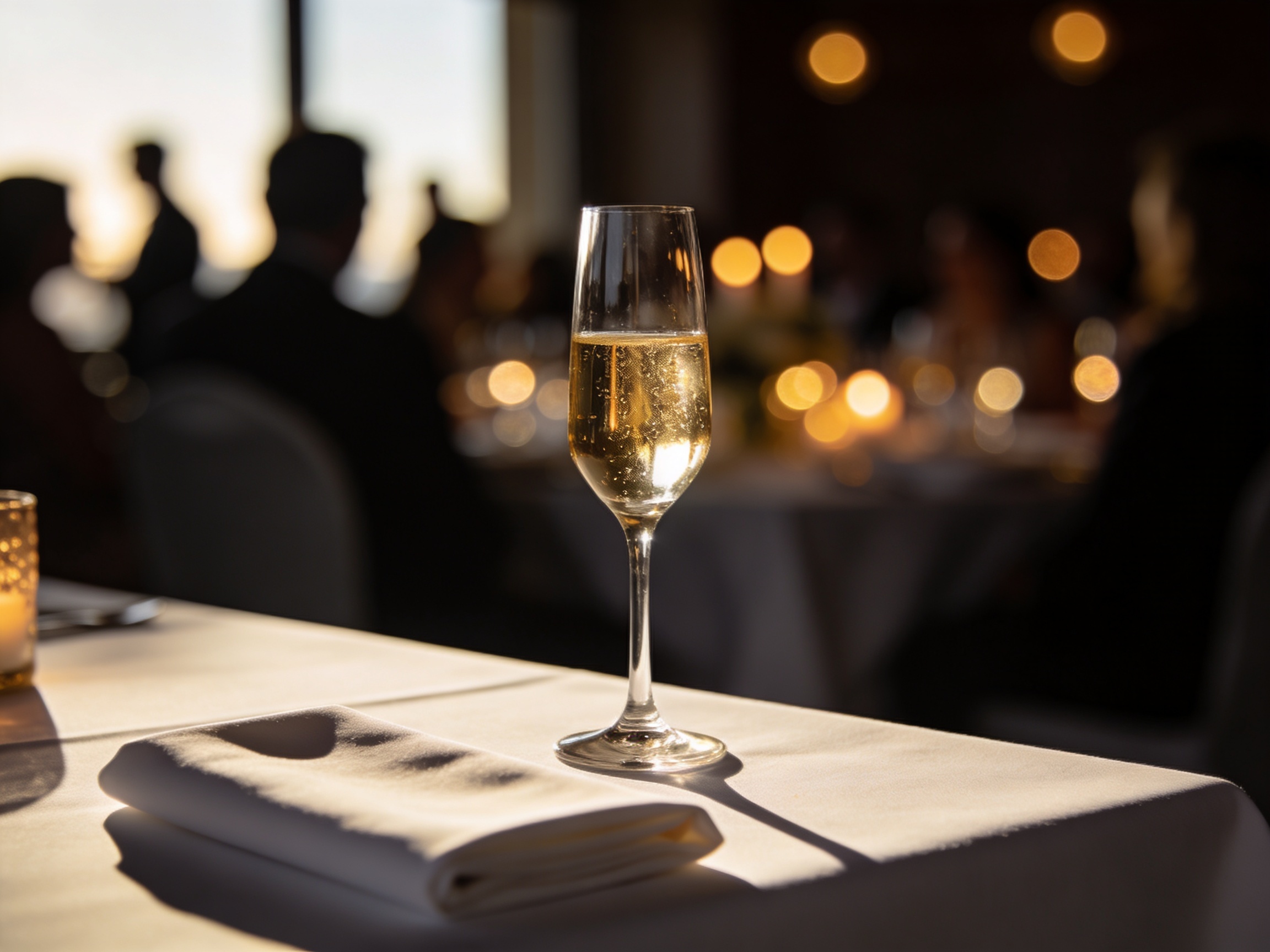 Atmósfera de celebración premium en interior elegante, con luz cálida y bokeh de velas