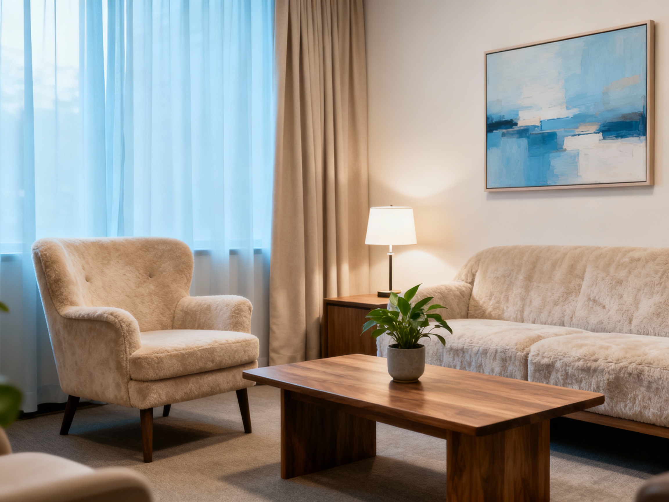 Calming and professional therapy consultation room environment
