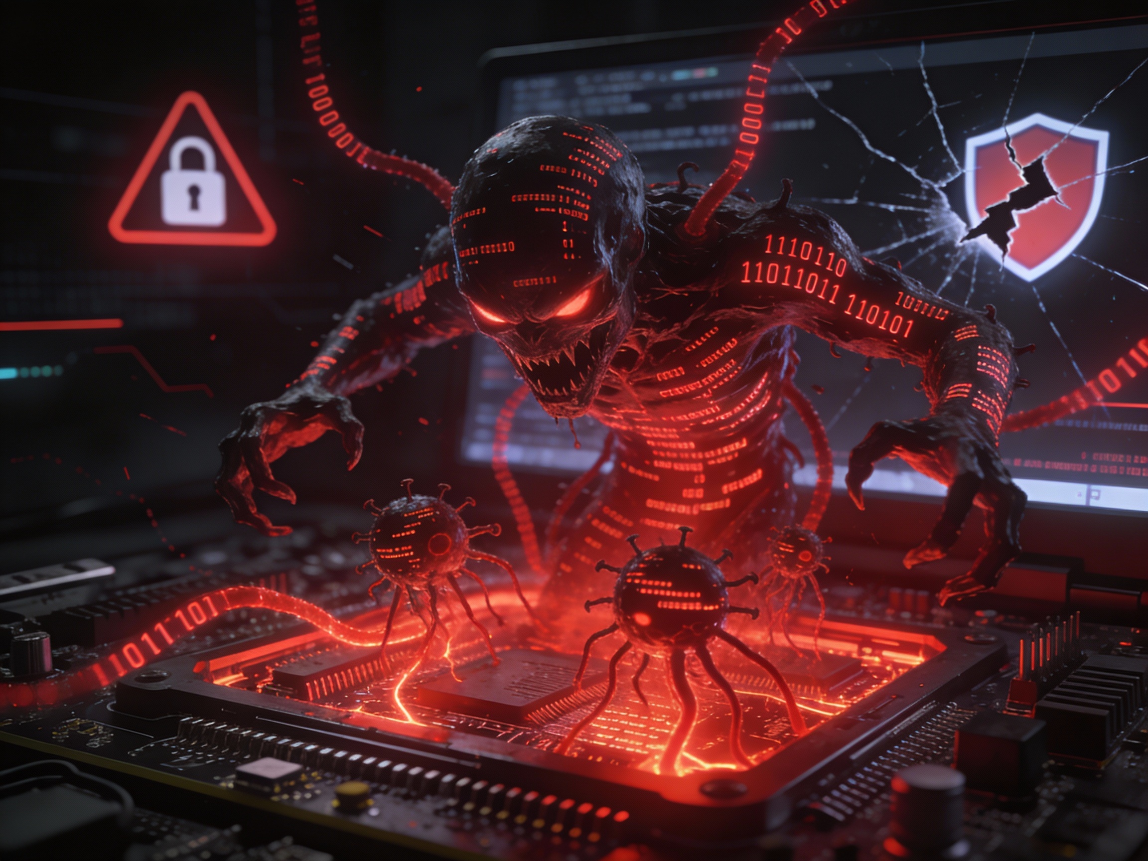 Metamorphic virus morphing on computer motherboard with red code tendrils