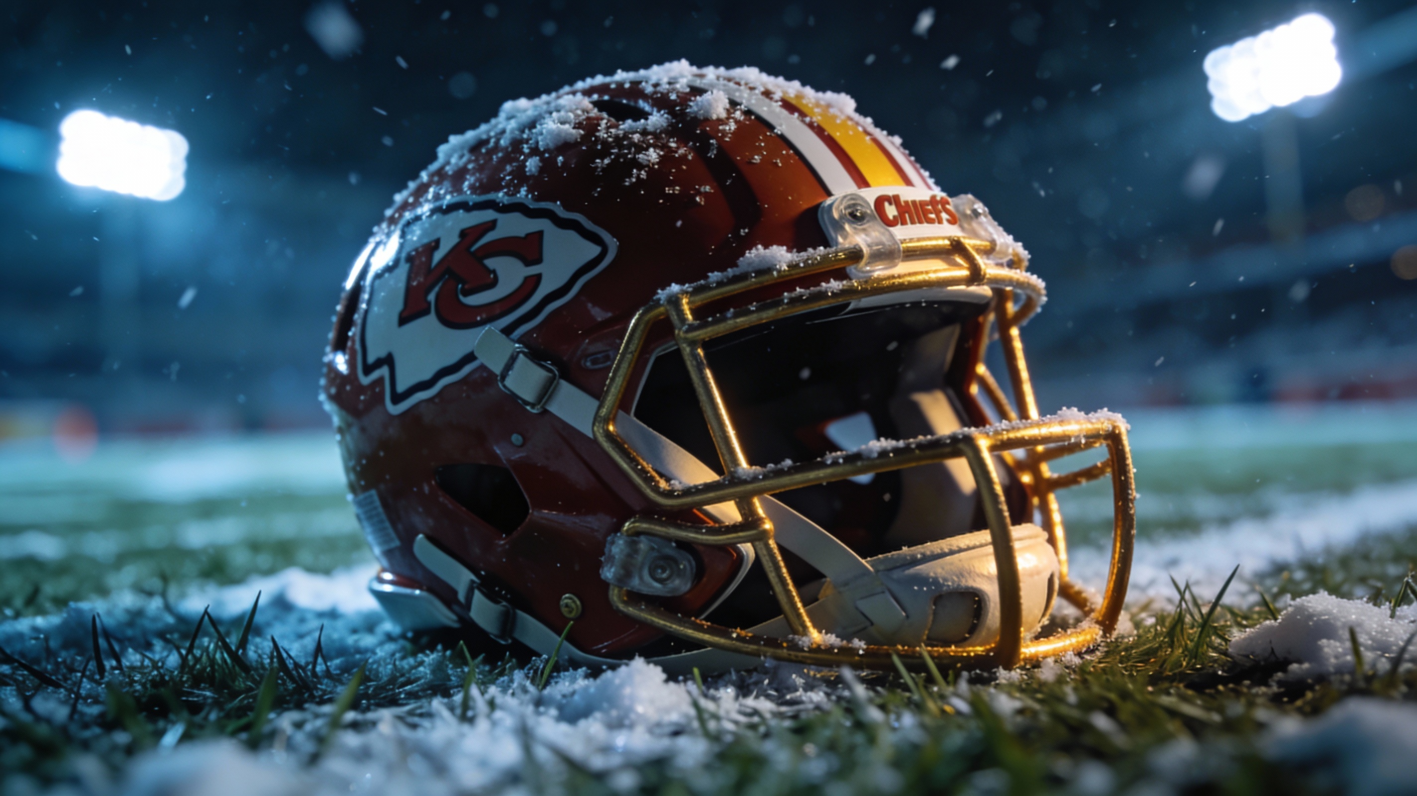 A solitary Kansas City Chiefs helmet on a snowy field under stadium lights, symbolizing the tough end to the 2025 season.
