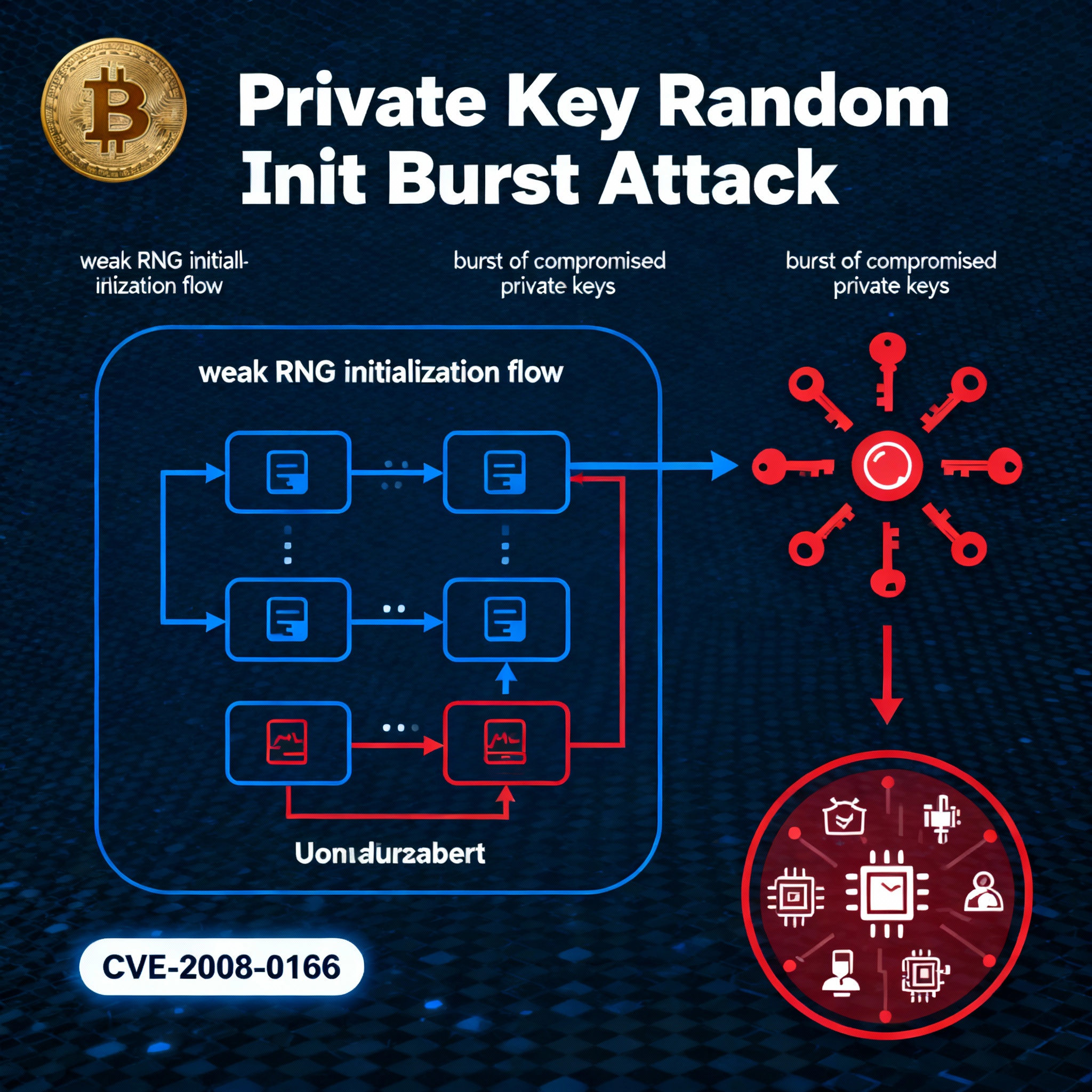 Research diagram illustrating the Private Key Random Init Burst Attack cryptographic vulnerability in Bitcoin wallet security