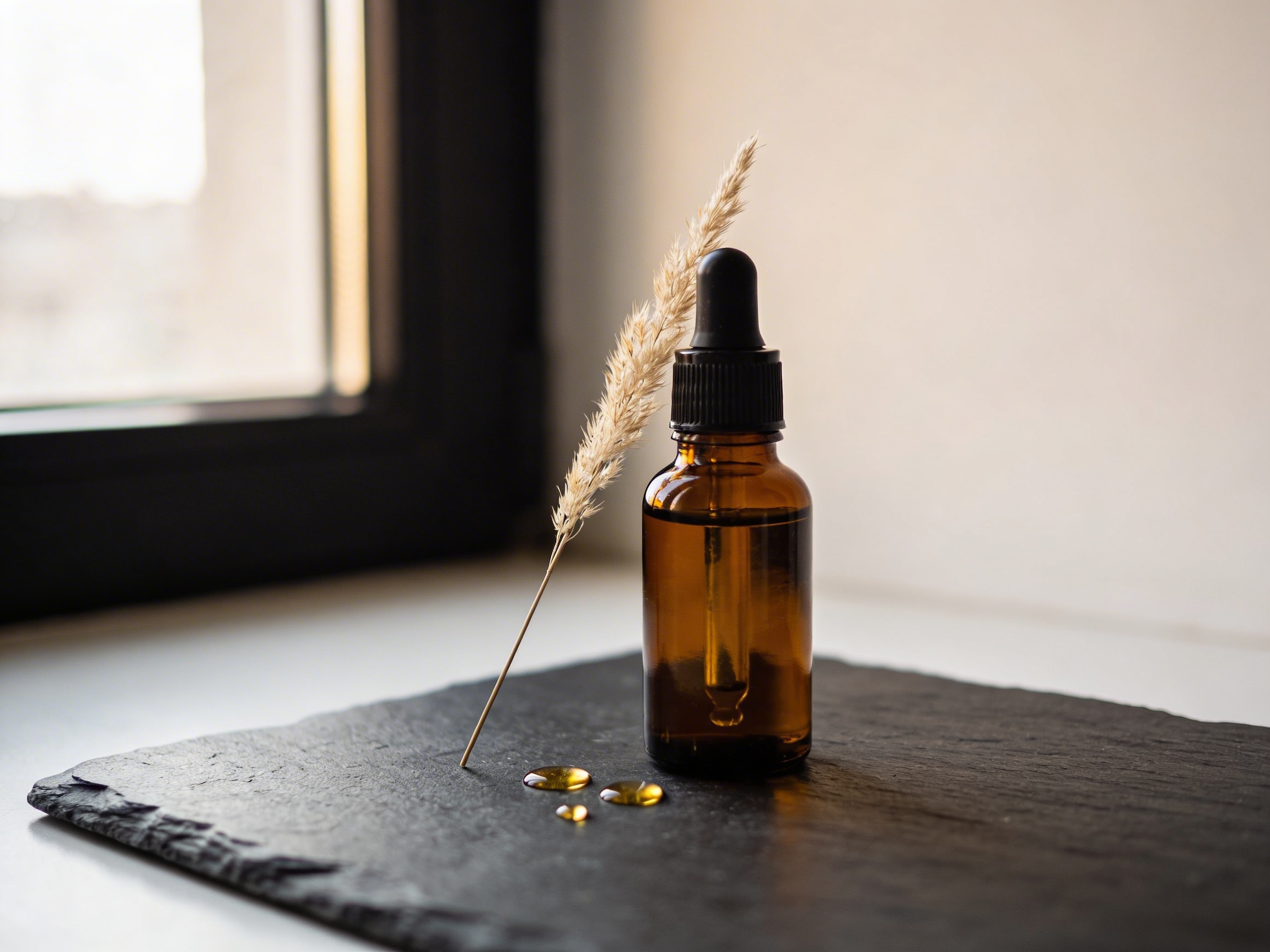 Amber glass dropper bottle of Sweetgrass No 1 on dark slate with sweetgrass stem