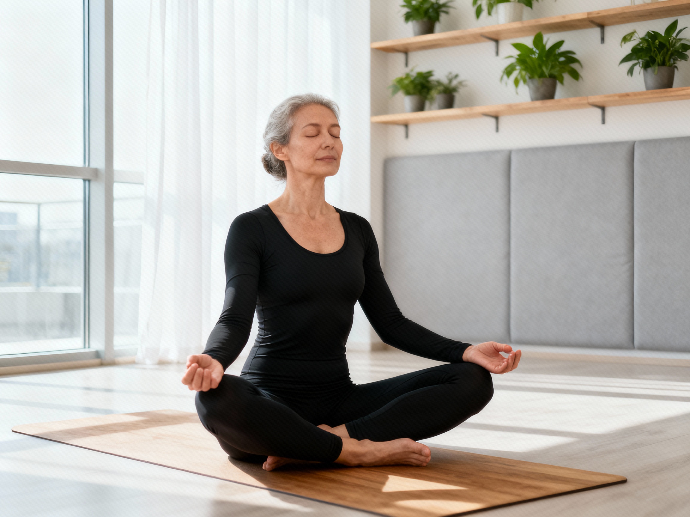 Experienced yoga instructor in meditation pose demonstrating proper technique