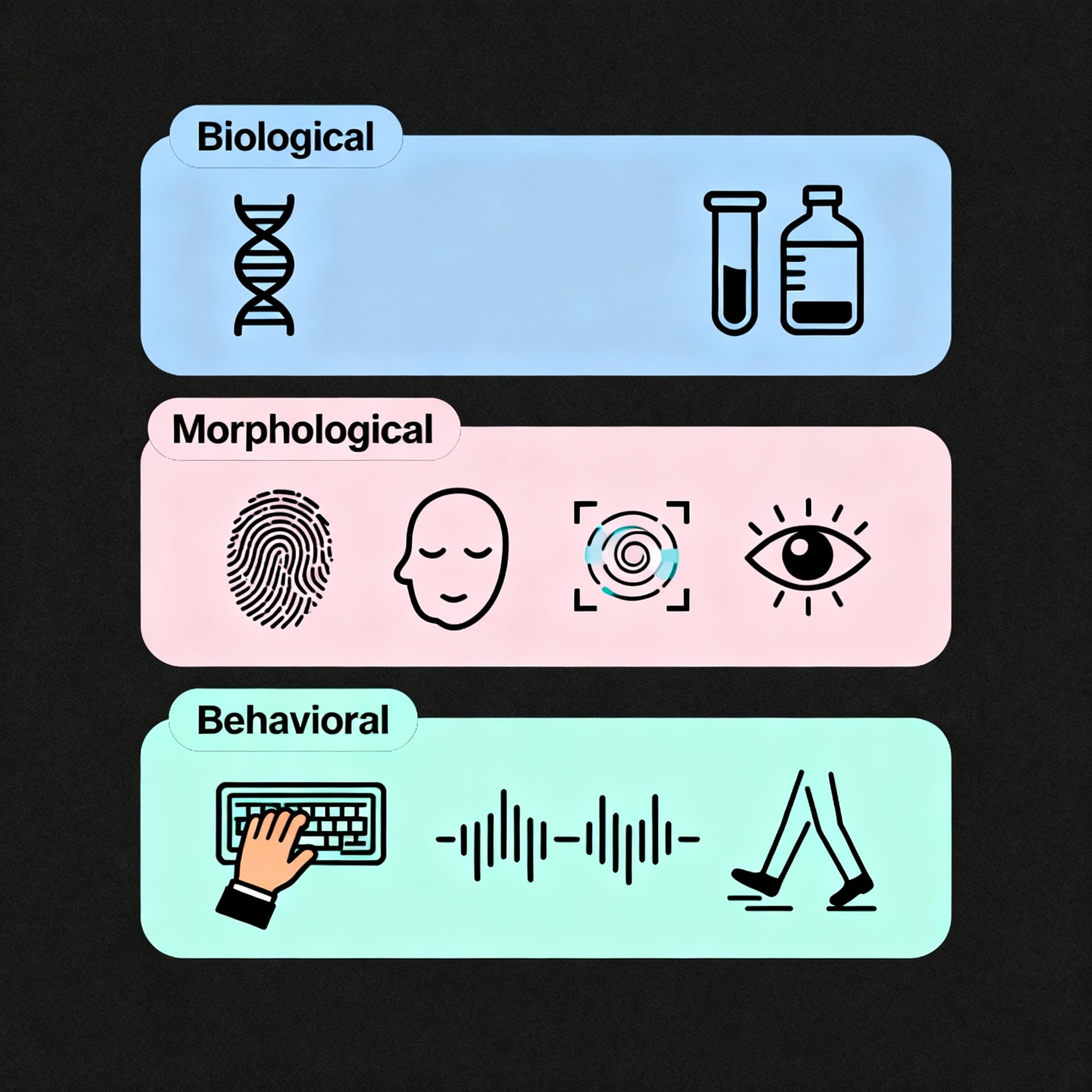 Infographic with Biological, Morphological, and Behavioral biometrics sections using clean icons and distinct color blocks.