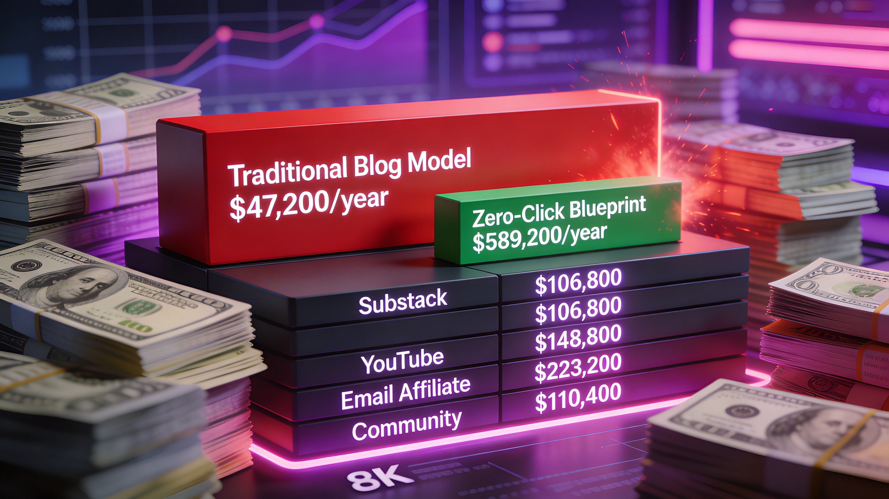 Photorealistic financial comparison infographic showing massive red bar labeled Traditional Blog Model $47,200/year versus tiny green bar labeled Zero-Click Blueprint $589,200/year with stacked revenue breakdown visualization.