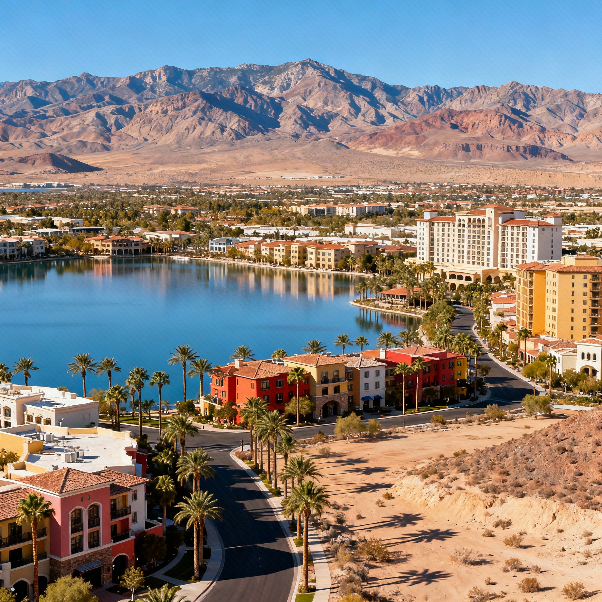 Henderson Nevada attractions landmark panoramic view showing Lake Las Vegas, desert mountains, urban cityscape with palm trees, and clear blue sky