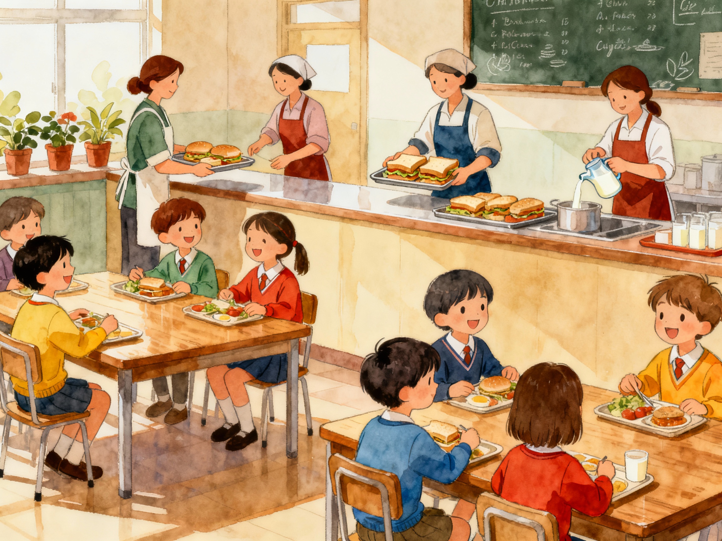 Школьная столовая в стиле доброго рисунка с детьми и обслуживающим персоналом