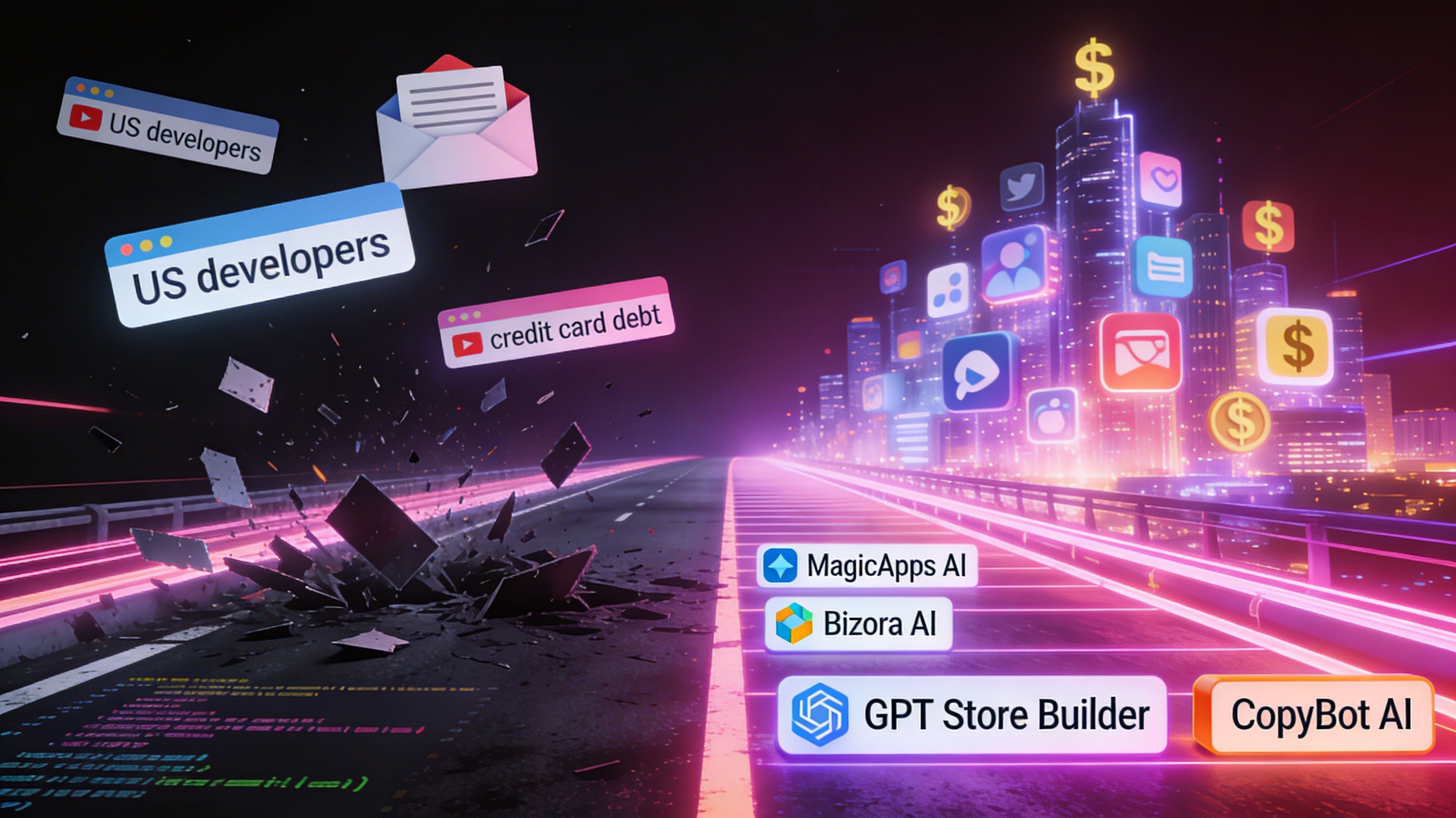 Two-paths metaphor image showing a dark road of broken code and debt versus a bright neon pathway lined with MagicApps AI, Bizora AI, GPT Store Builder, and CopyBot AI icons leading to a glowing city of profitable AI apps.
