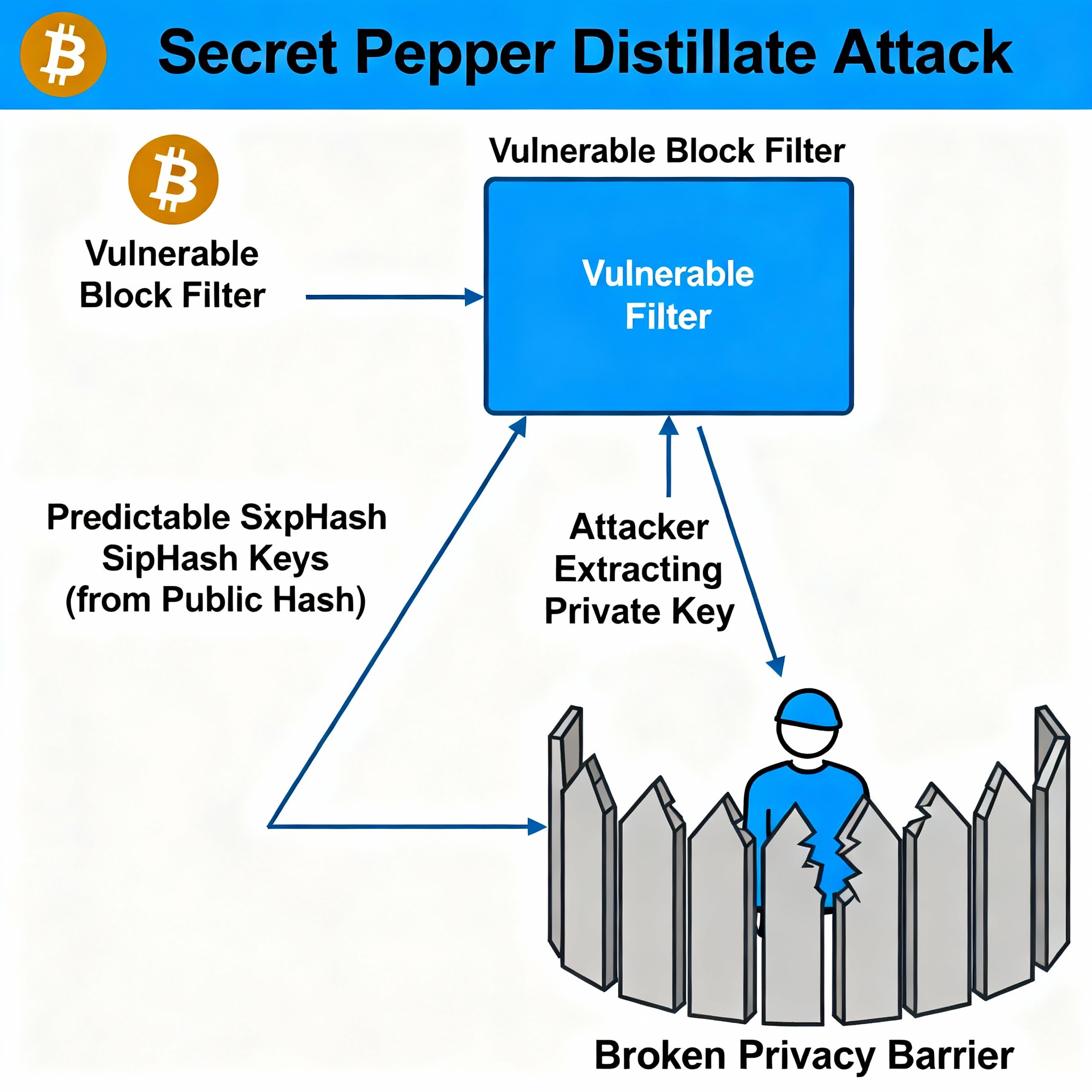 Research diagram: Secret Pepper Distillate Attack against Bitcoin block filters, showing vulnerability flow and security consequences