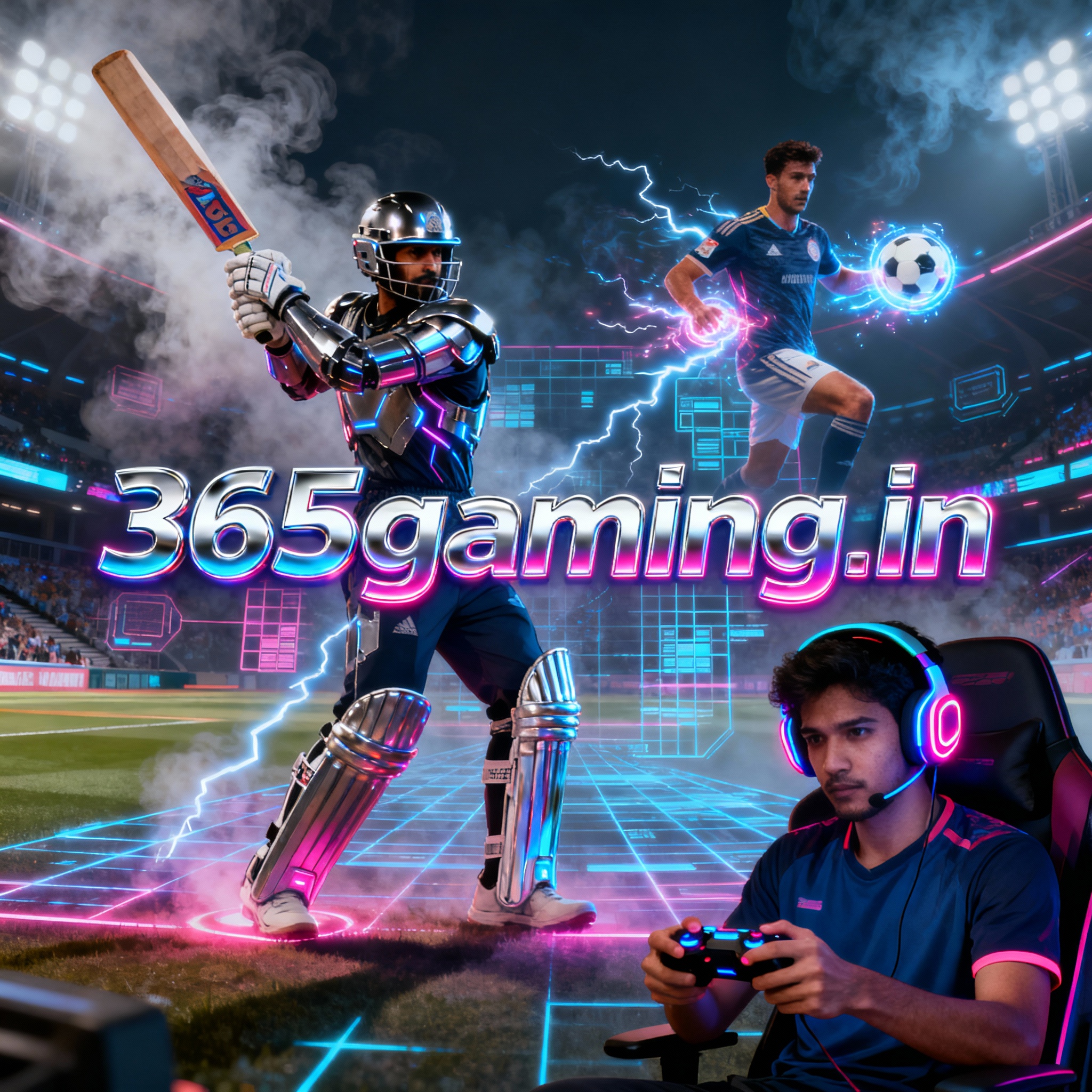 Futuristic cyberpunk action movie poster for 365gaming.in with sports and gaming heroes.