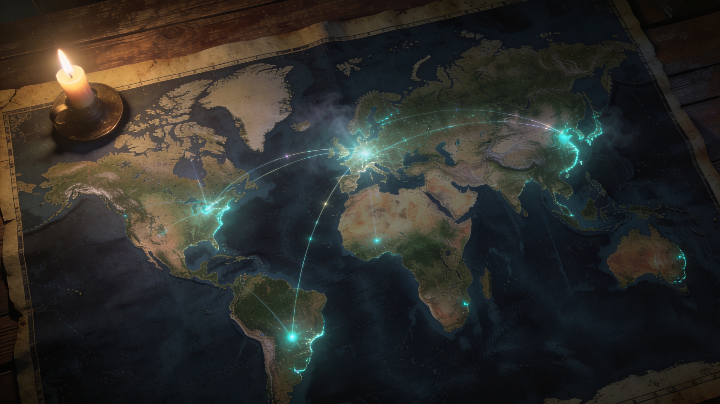 Antique world map with glowing strategic lines, representing geopolitical war theories