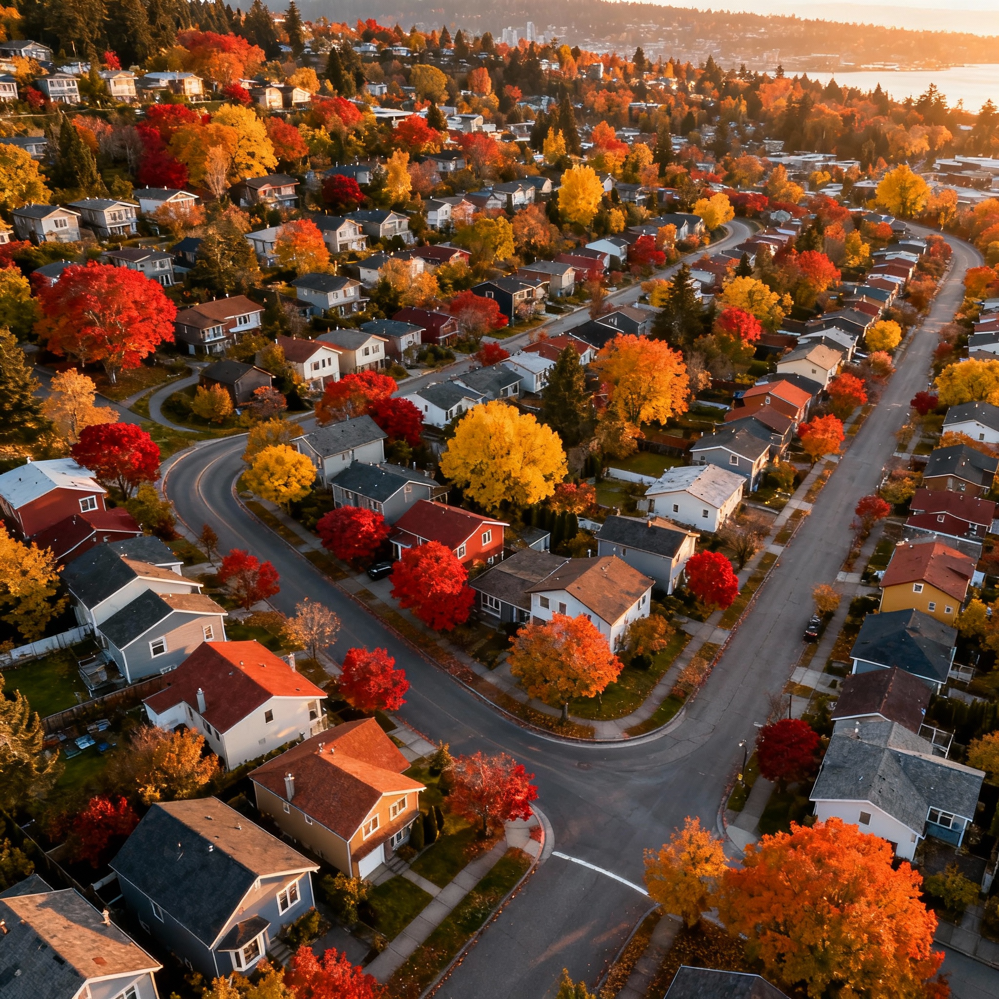 Seattle neighborhoods aerial view, autumn homes