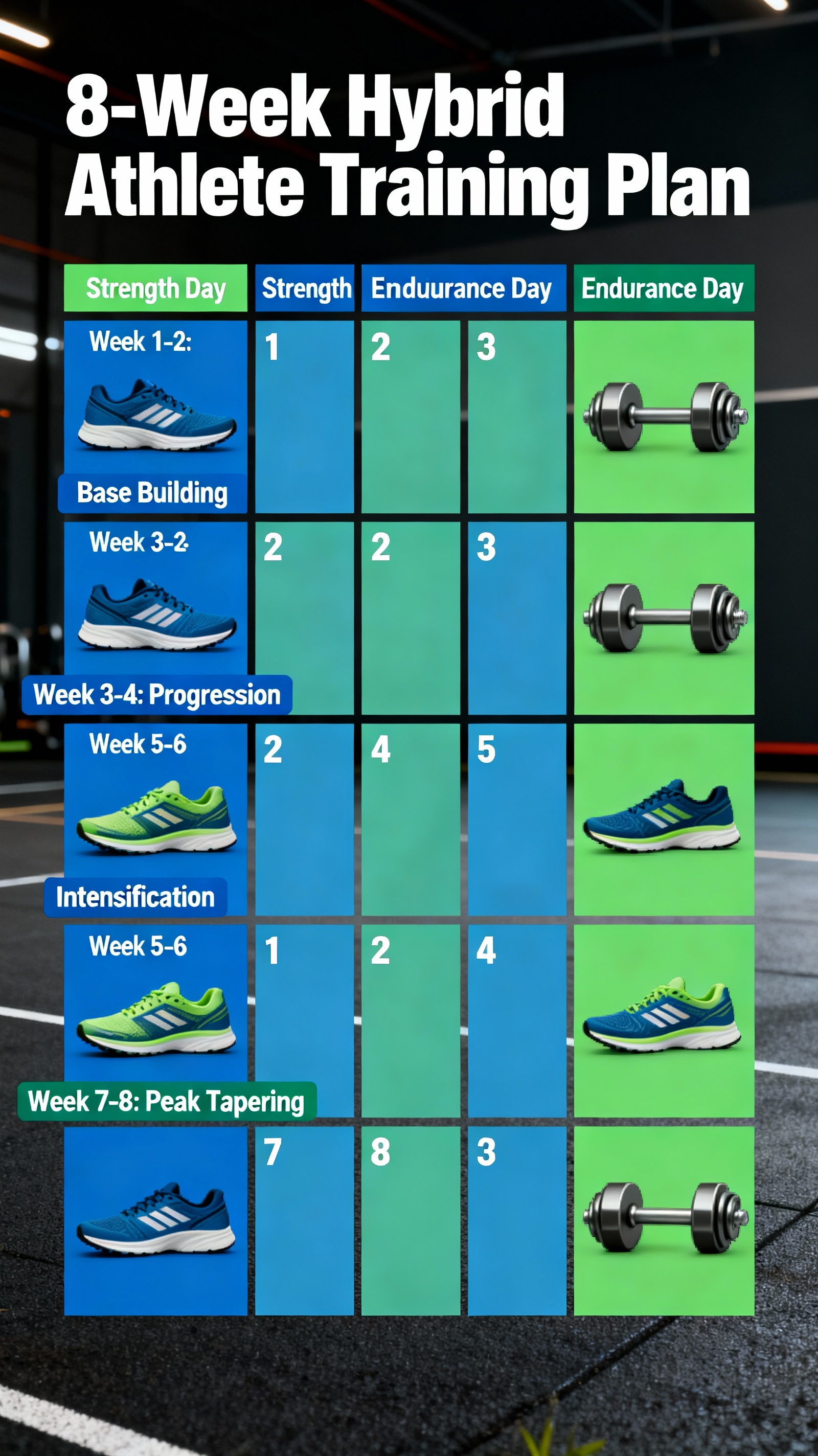 Infographic of 8-week hybrid athlete training: schedules, equipment, and weekly focus phases.