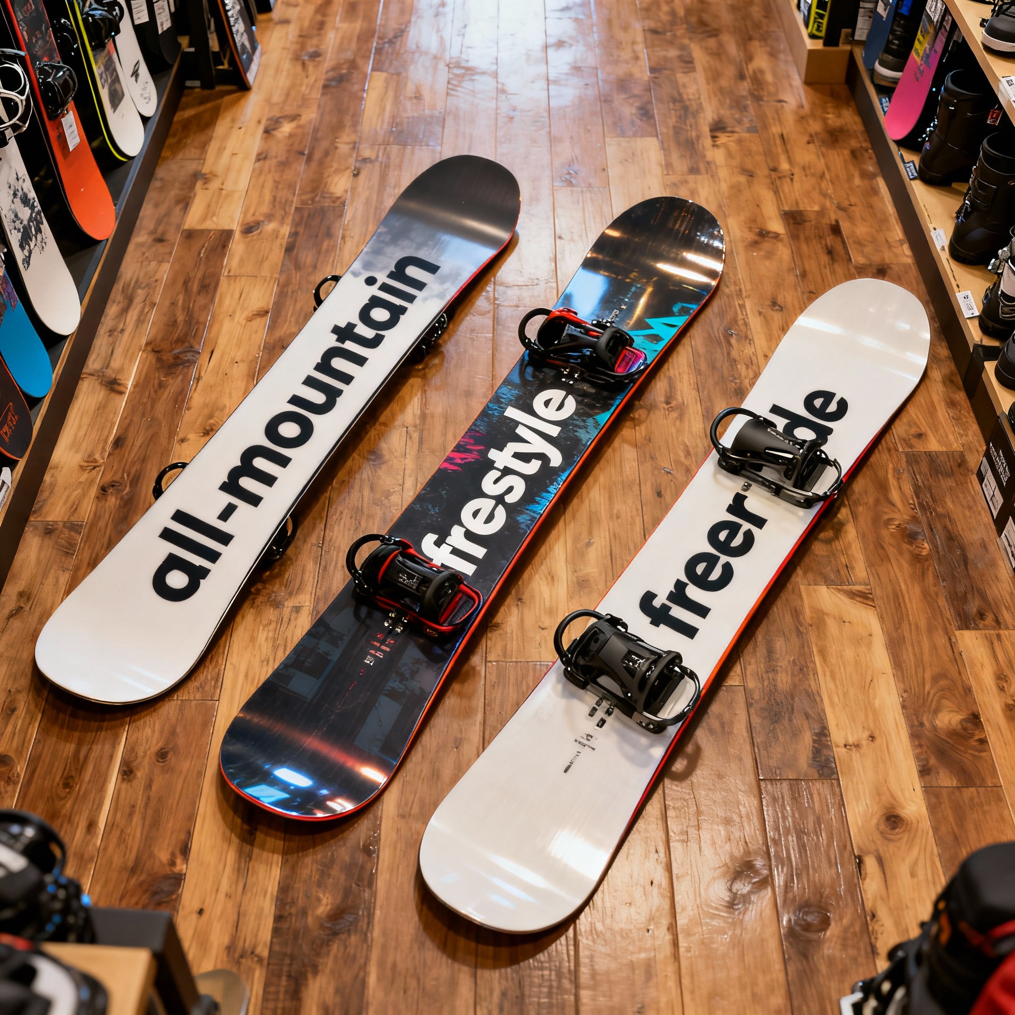 Сравнение трех типов сноубордов в спортивном магазине