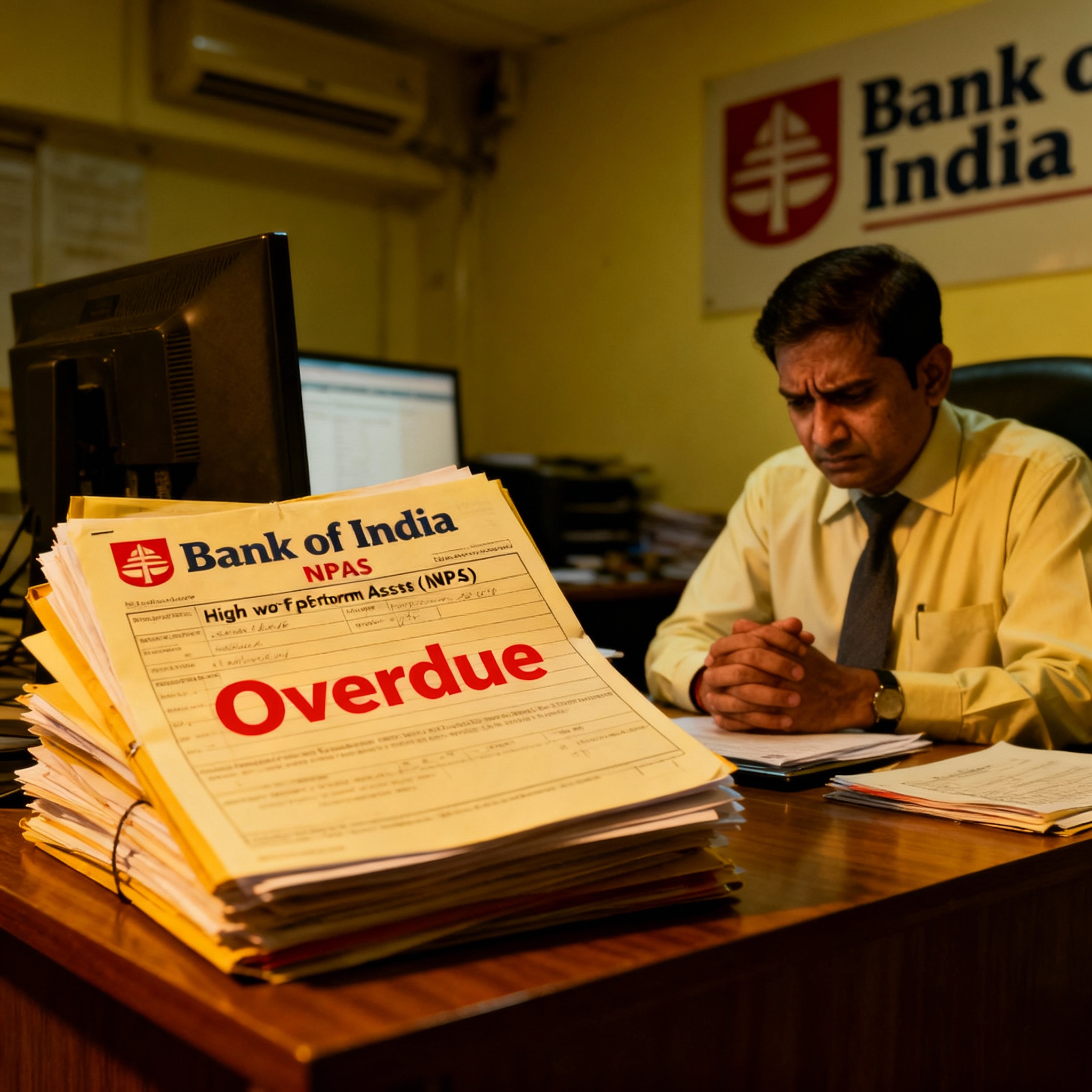 Bank of India scene with overdue loan files and stressed officers, representing high NPAs.