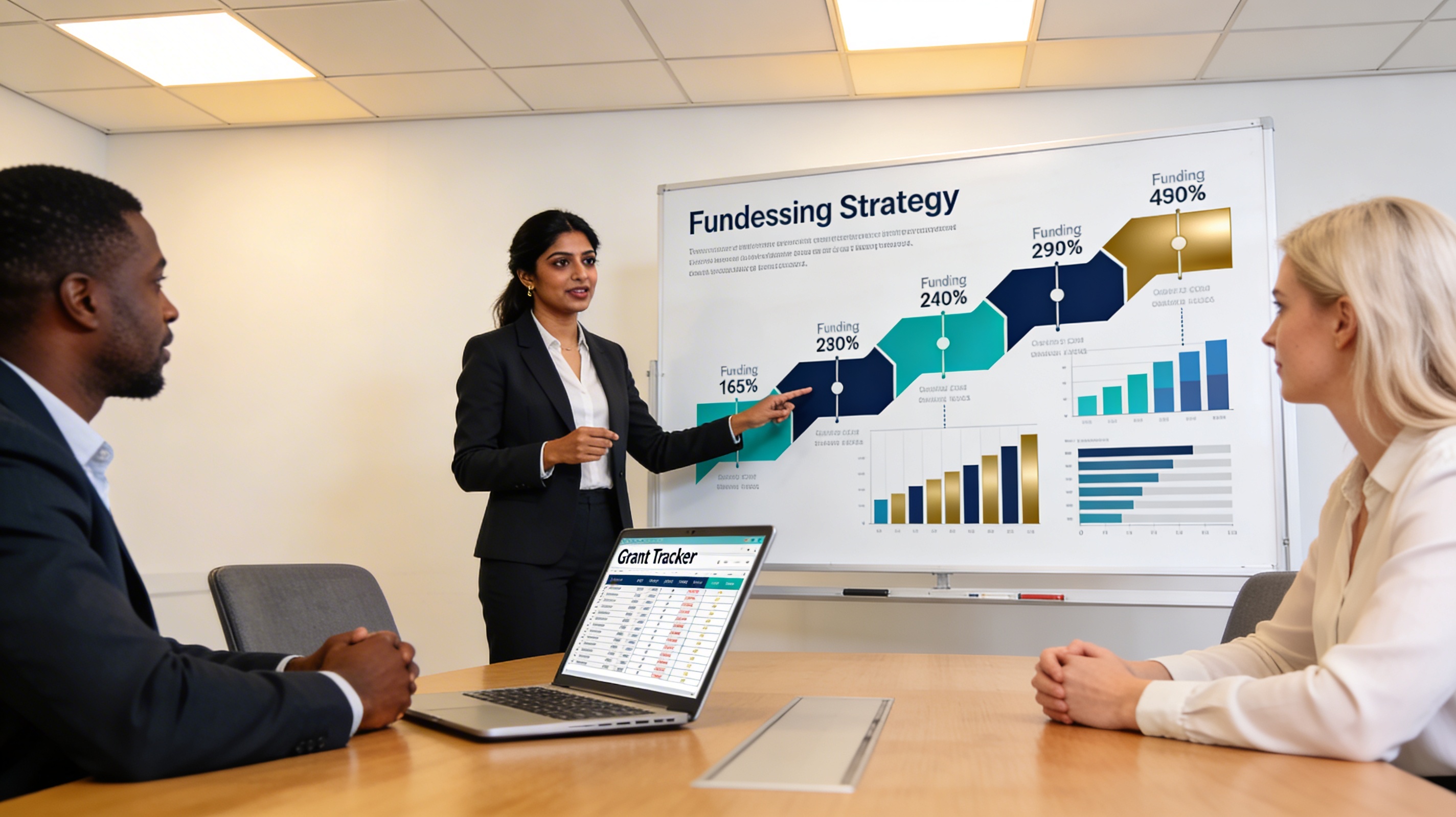 Team collaborating on fundraising strategy with pipeline charts and grant data