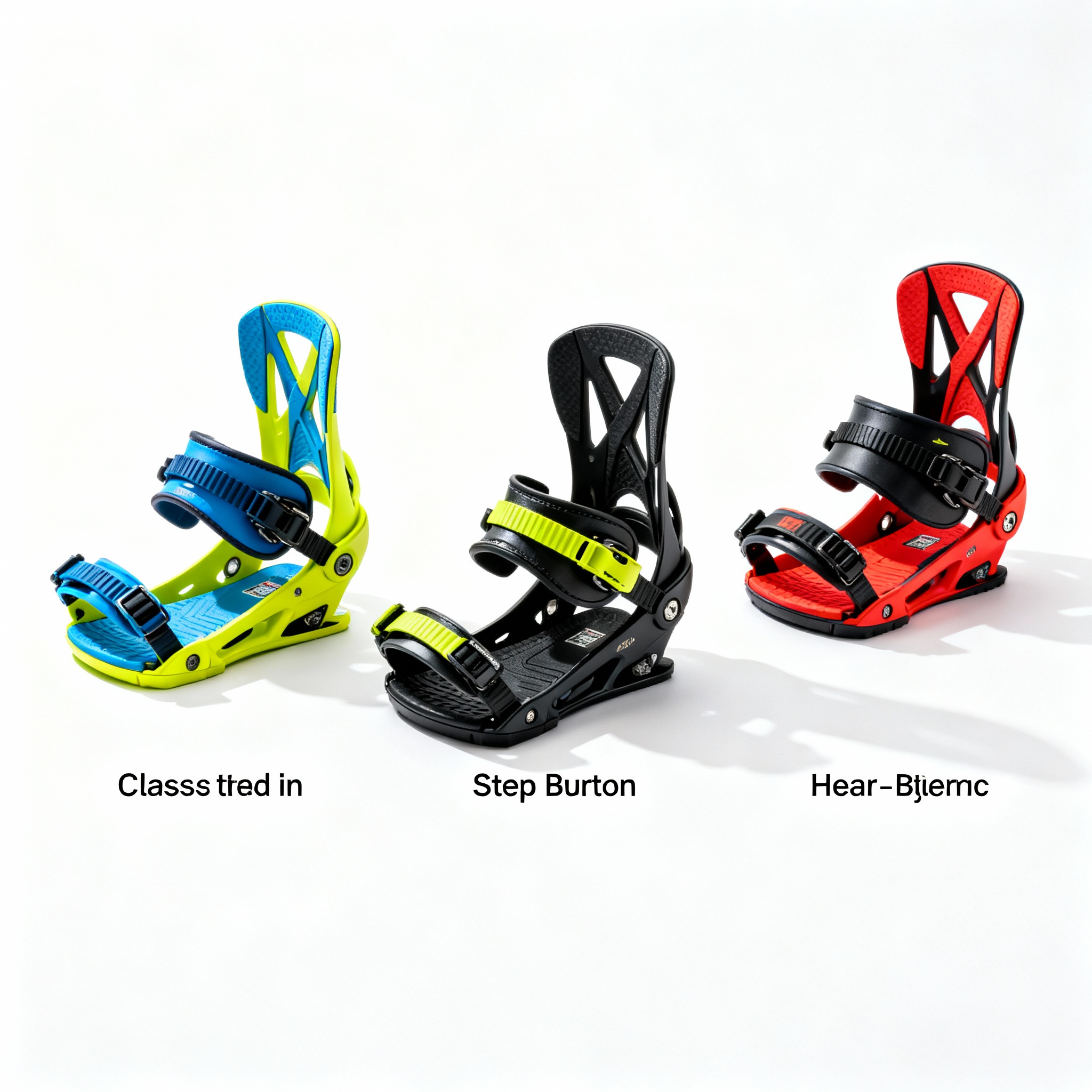 Сравнение трех типов креплений для сноуборда на белом фоне