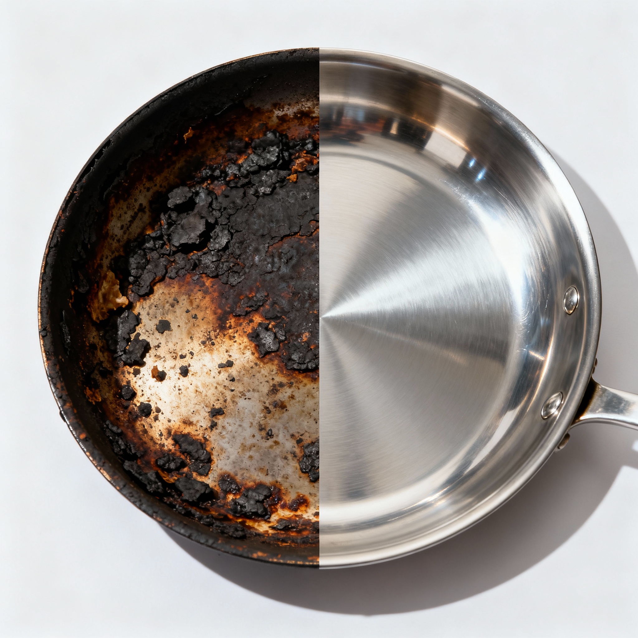 Before and after: dirty burnt pan transformed to sparkling clean stainless steel