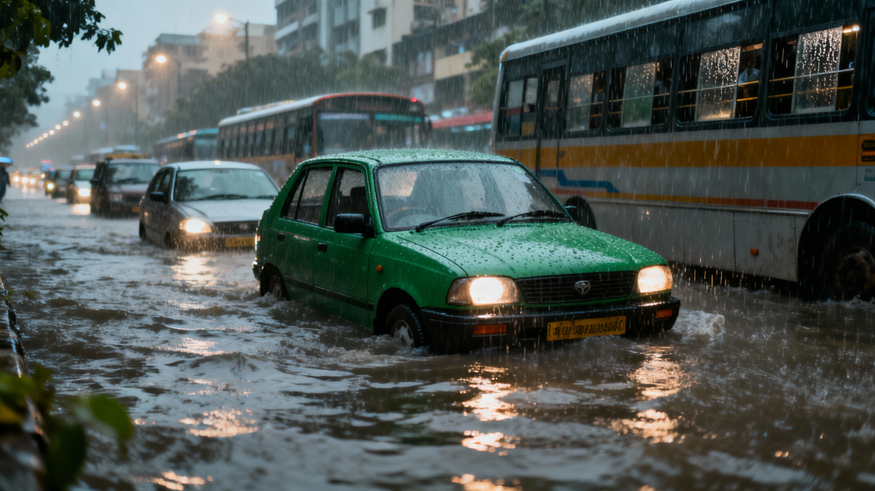 Chennai rains flooding busy main road with cars and buses stuck in water Tamil Nadu monsoon realistic photo