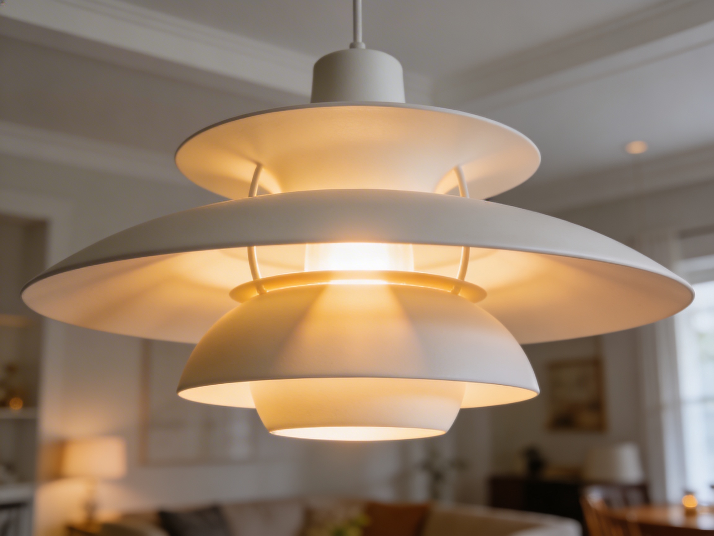 Modern white pendant light fixture hanging from a ceiling — a classic ambient or accent lighting choice for living and dining rooms
