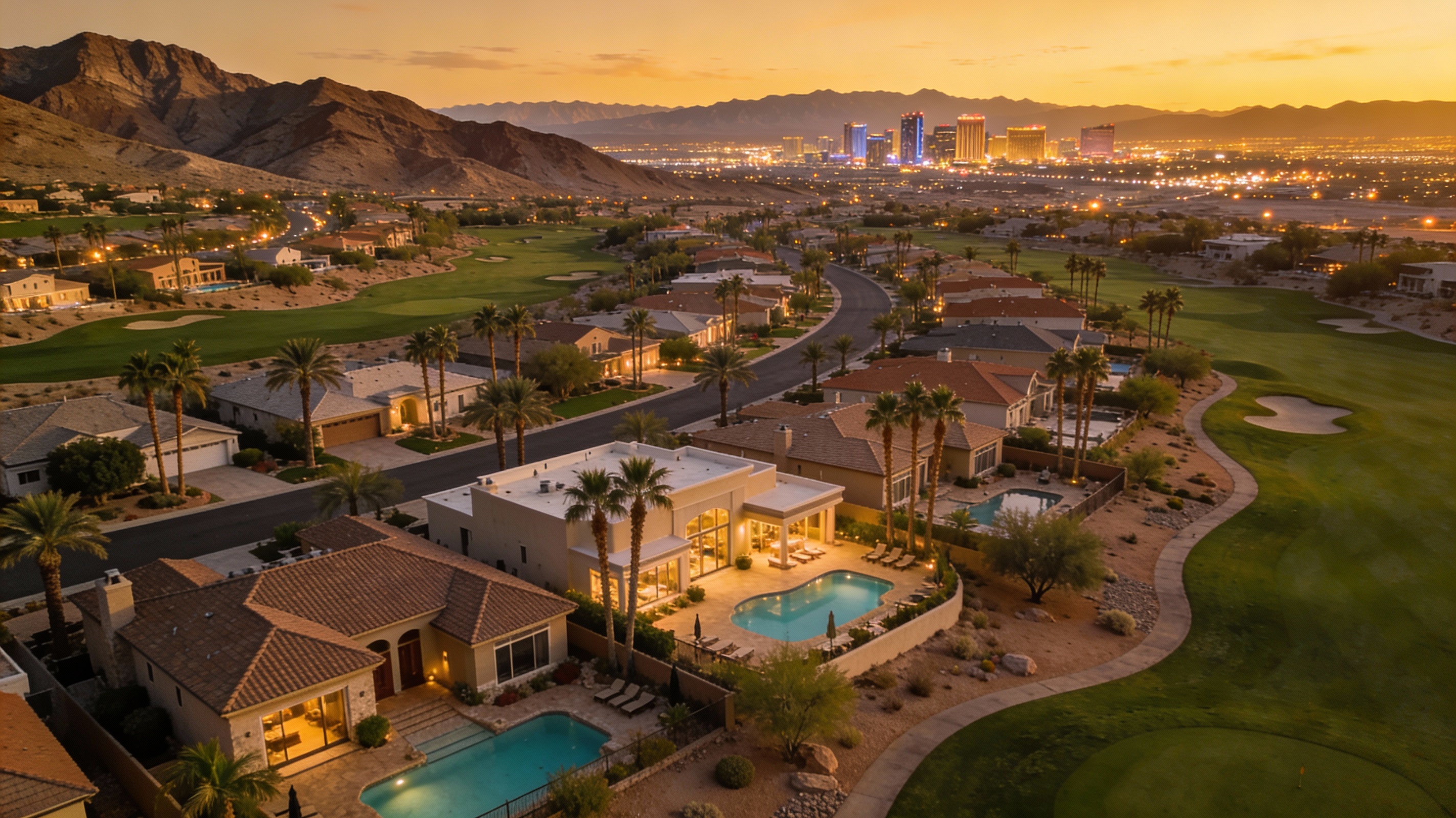 Henderson Nevada master-planned community aerial view with mountains, golf courses, and luxury homes December 2025