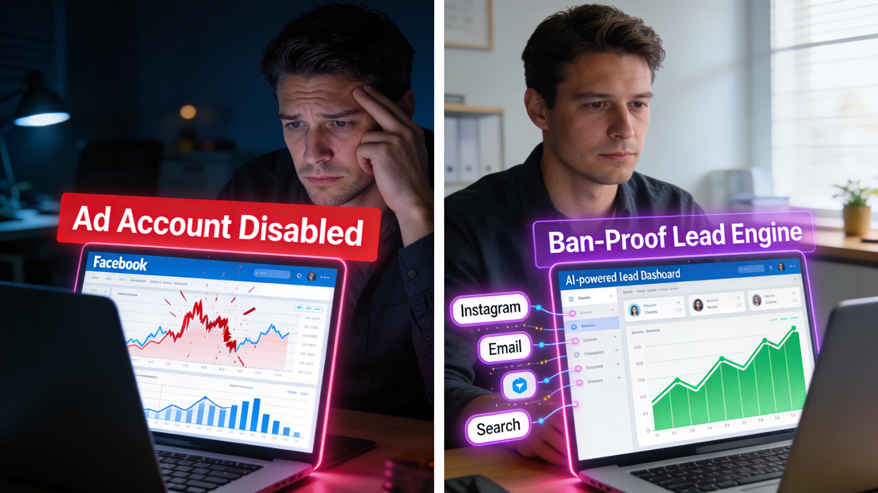Ultra photorealistic split-screen scene of a U.S. small business owner. Left side: late night, tired American entrepreneur in a dark office staring at Facebook Ads Manager with a big red banner saying Ad Account Disabled and revenue graph crashing. Right side: same person next morning, calm in a bright office, laptop showing an AI-powered lead dashboard with leads flowing in from Instagram, email, and search, labeled Ban-Proof Lead Engine with green rising graphs. Neon pink and purple interface accents, cinematic lighting, 16:9.