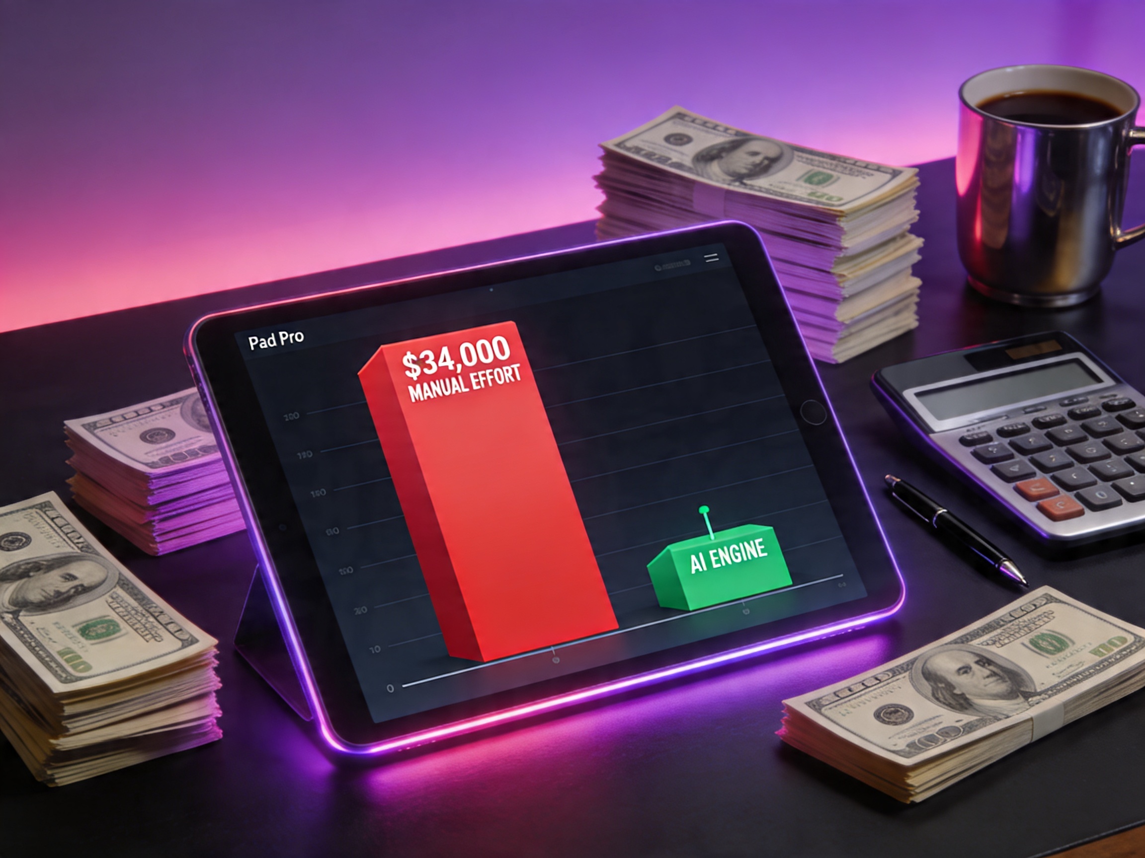 A photorealistic executive desk scene with a glowing tablet showing a massive red bar chart labeled manual effort beside a tiny green bar labeled AI engine, with cash stacks, calculator, pen, and coffee cup nearby.